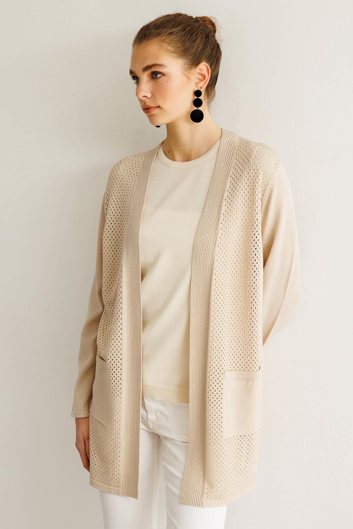 25352Kadın Delikli Araboy Yazlık Triko Hırka Bej