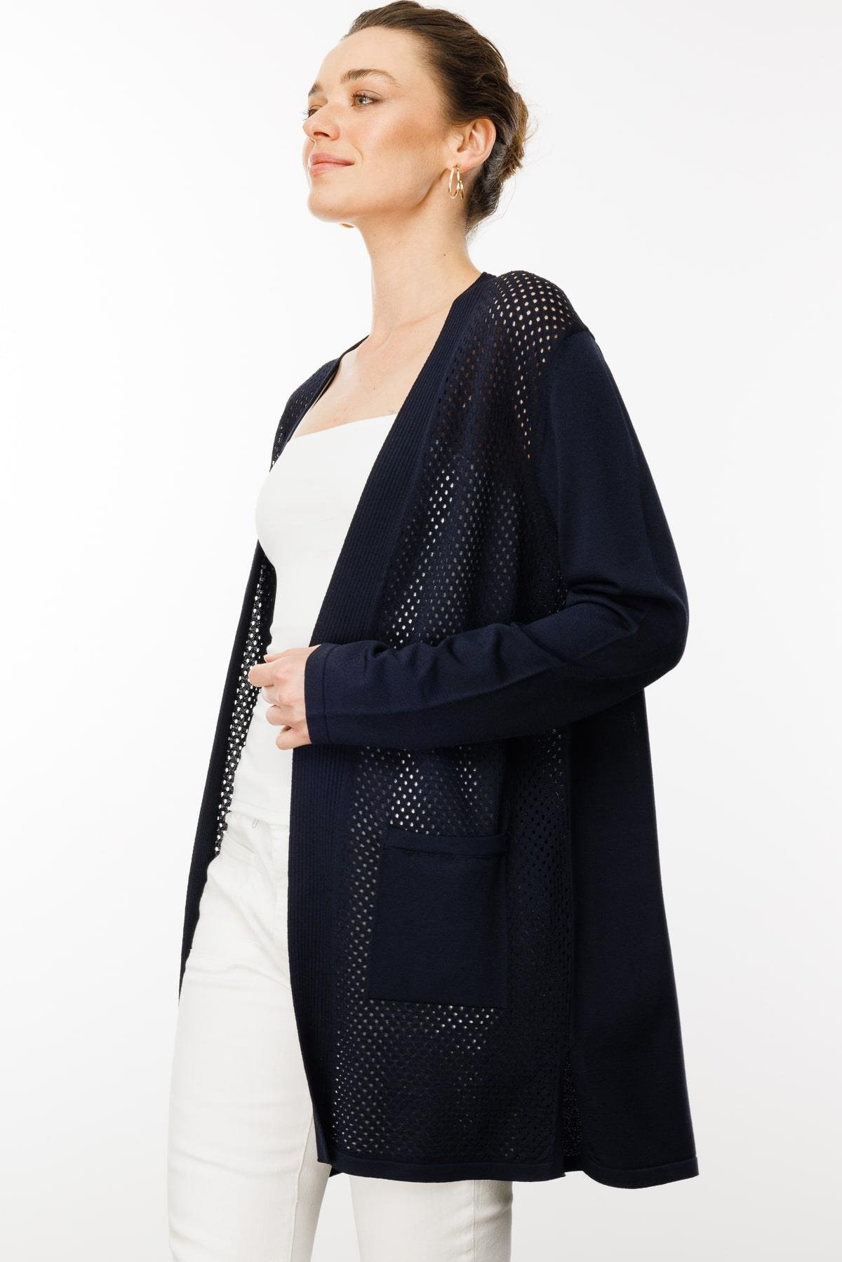 25352Kadın Delikli Araboy Yazlık Triko Hırka Lacivert