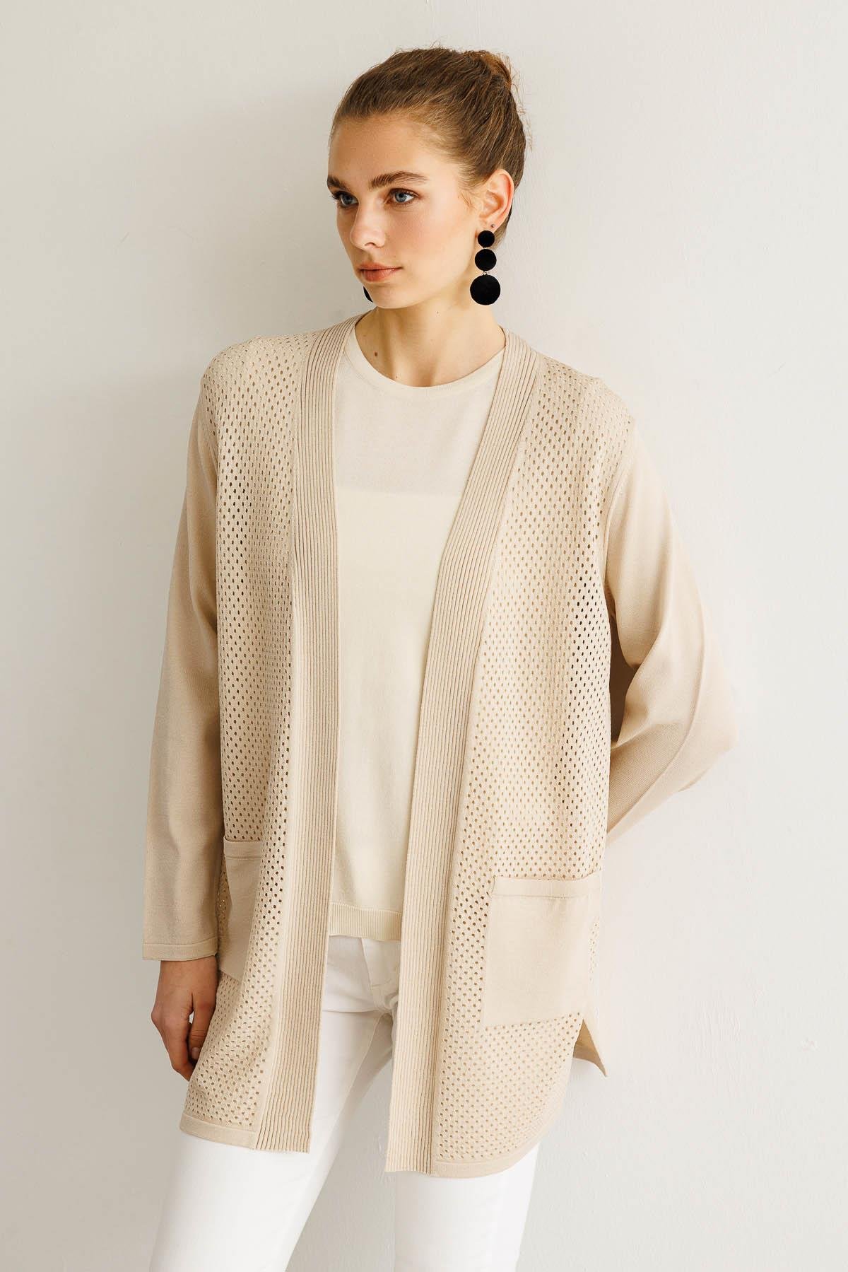 25352Kadın Delikli Araboy Yazlık Triko Hırka Bej