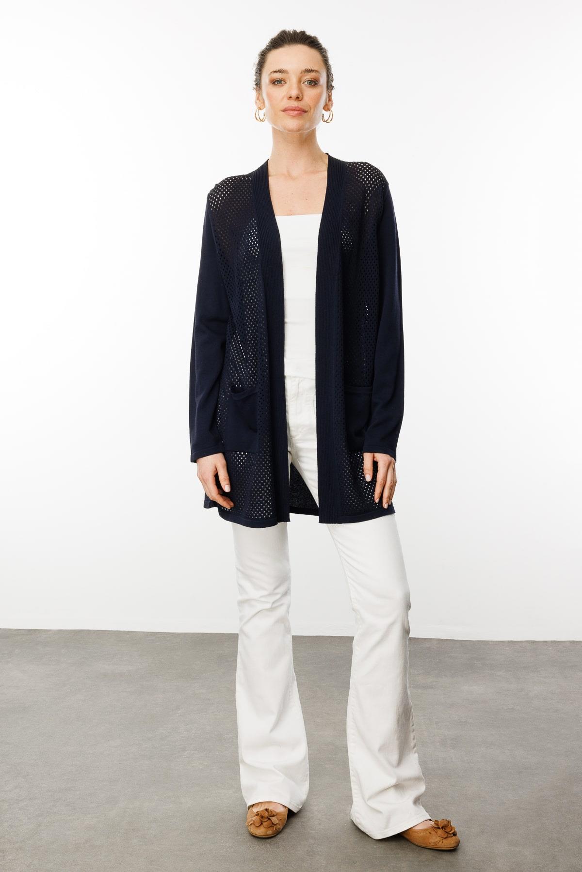 25352Kadın Delikli Araboy Yazlık Triko Hırka Lacivert