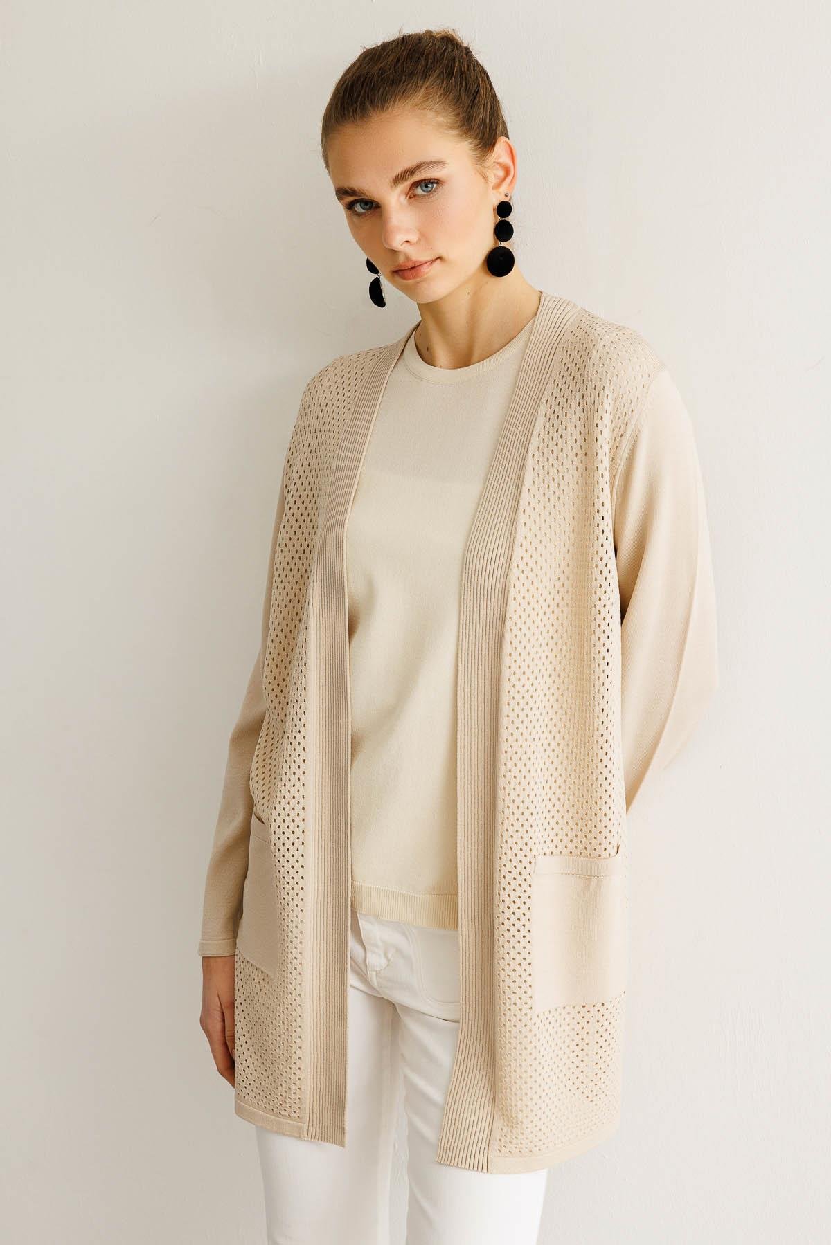 25352Kadın Delikli Araboy Yazlık Triko Hırka Bej