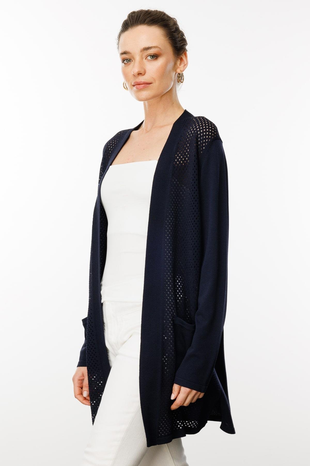 25352Kadın Delikli Araboy Yazlık Triko Hırka Lacivert