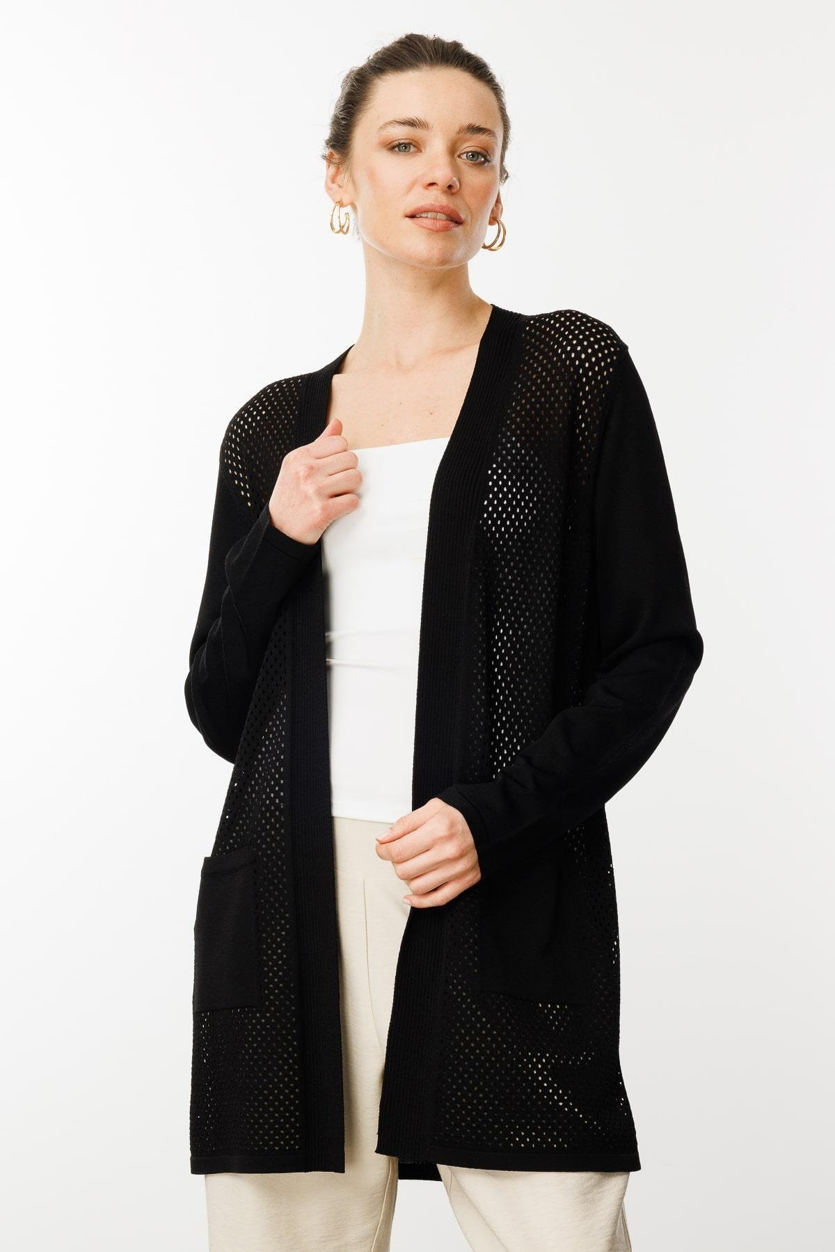 25352Kadın Delikli Araboy Yazlık Triko Hırka Siyah