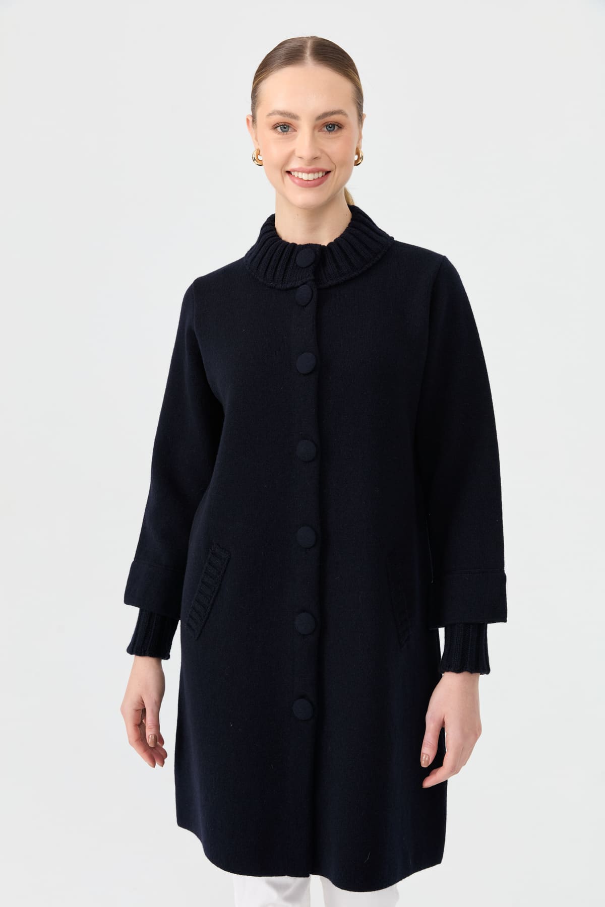 24045Kadın Dik Yaka Basic Uzun Yün Kaban K.Lacivert