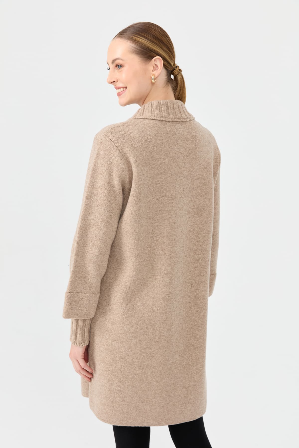 24045Kadın Dik Yaka Basic Uzun Yün Kaban K.Bej