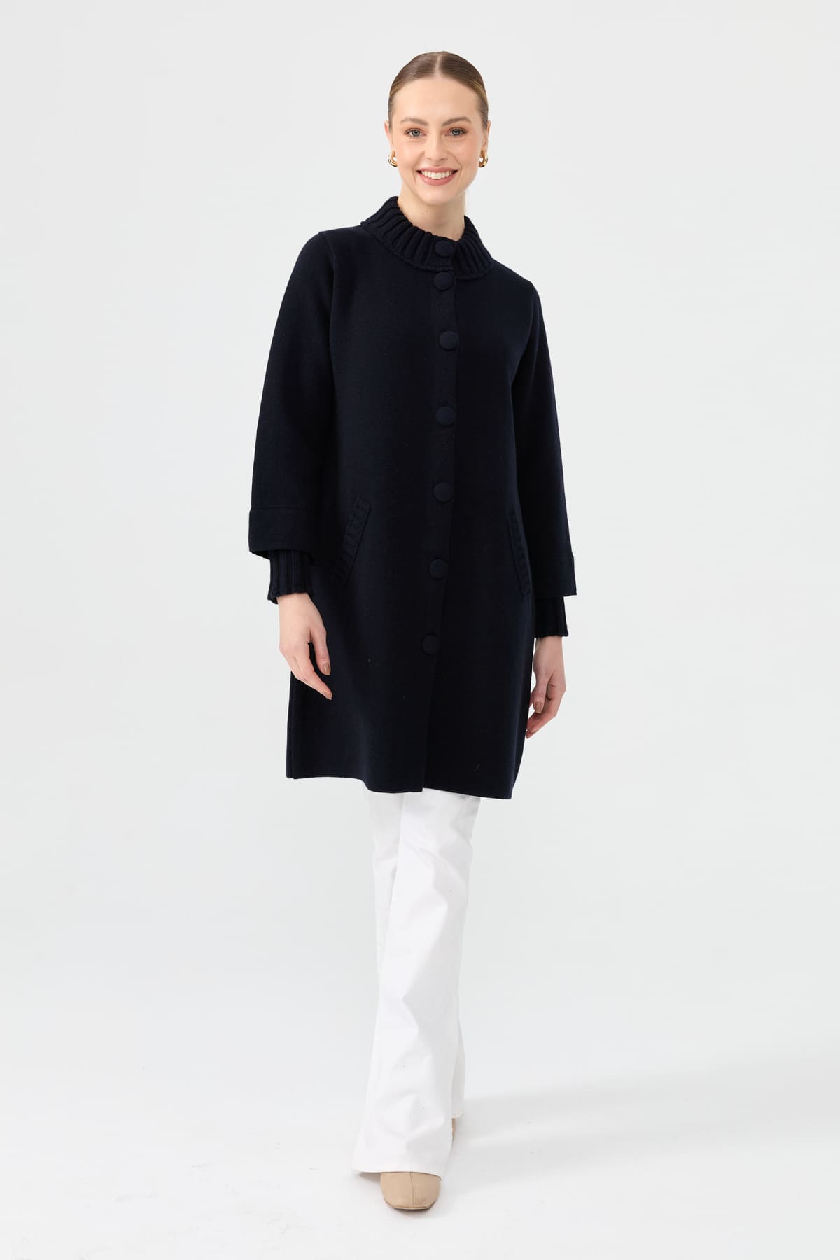 24045Kadın Dik Yaka Basic Uzun Yün Kaban K.Lacivert