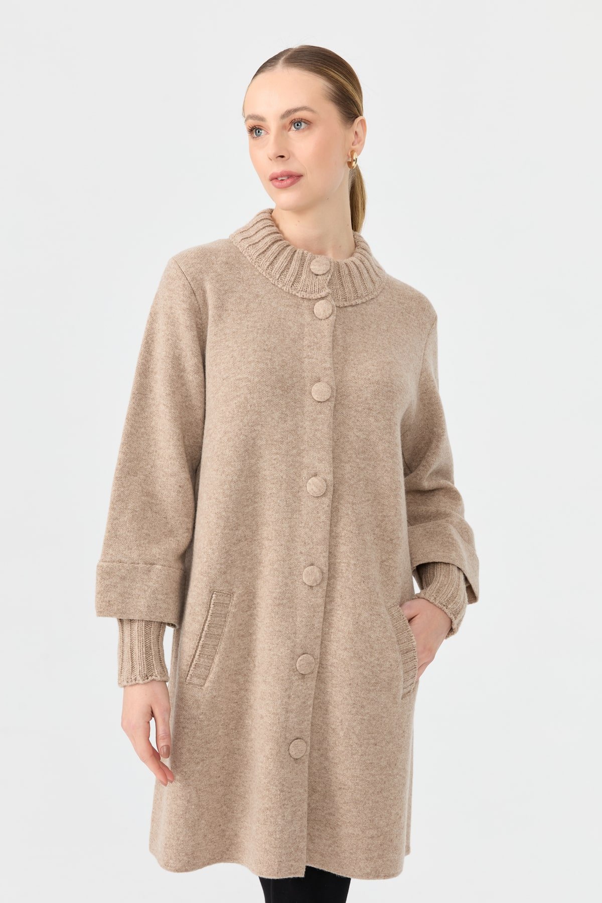 24045Kadın Dik Yaka Basic Uzun Yün Kaban K.Bej