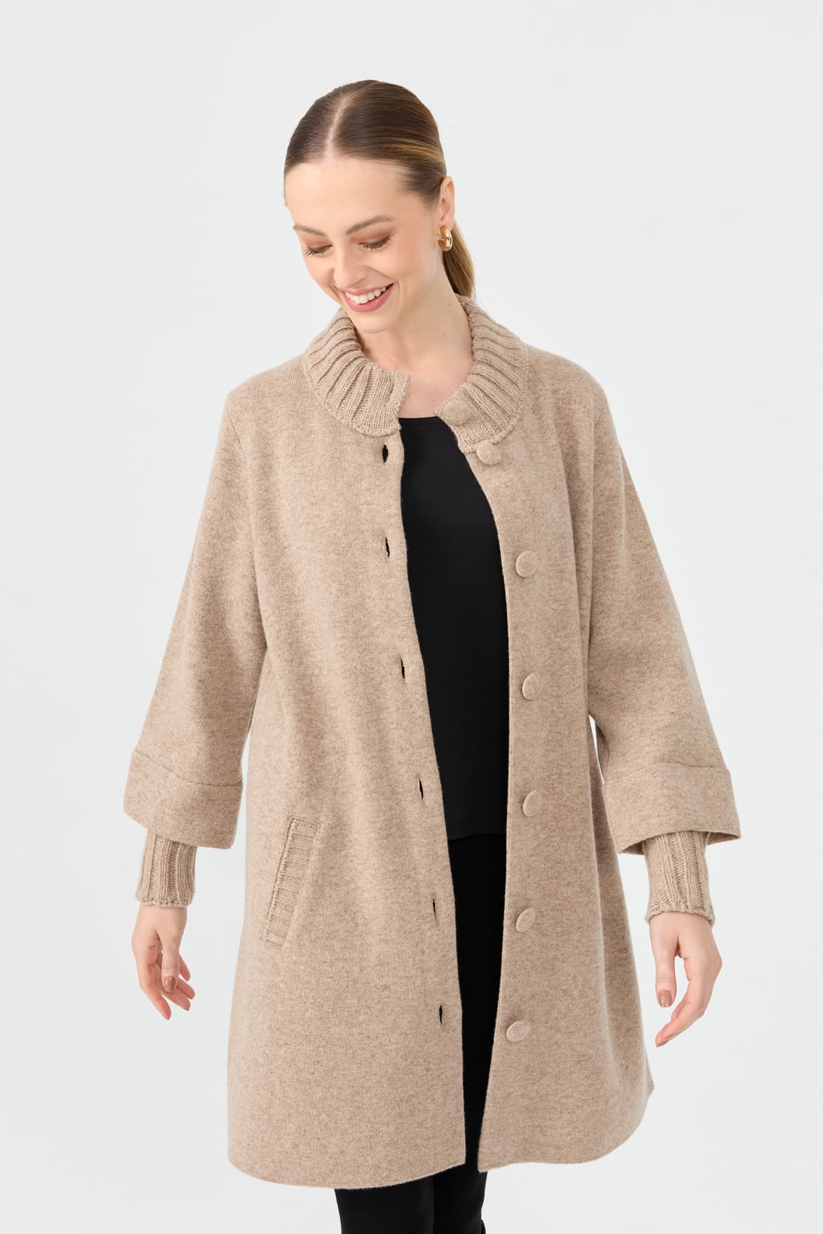 24045Kadın Dik Yaka Basic Uzun Yün Kaban K.Bej