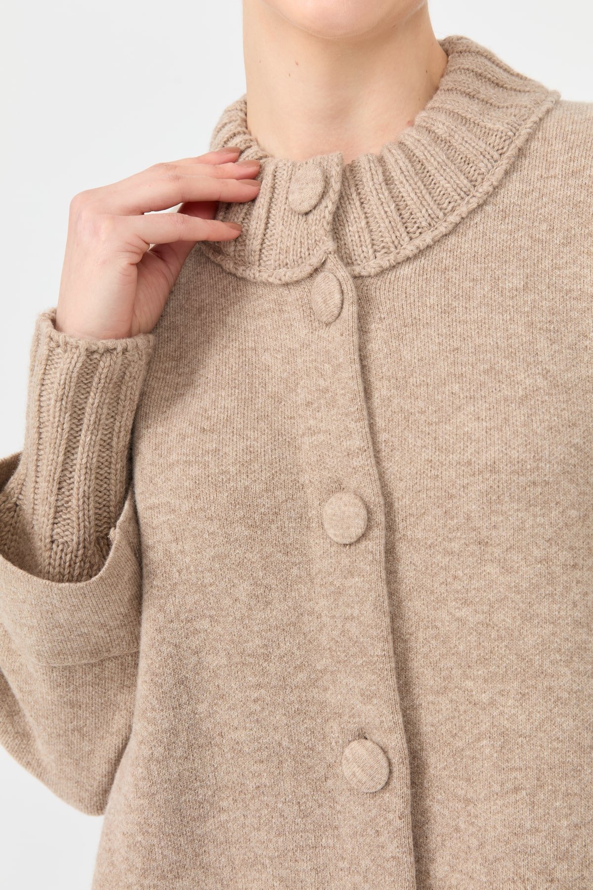 24045Kadın Dik Yaka Basic Uzun Yün Kaban K.Bej