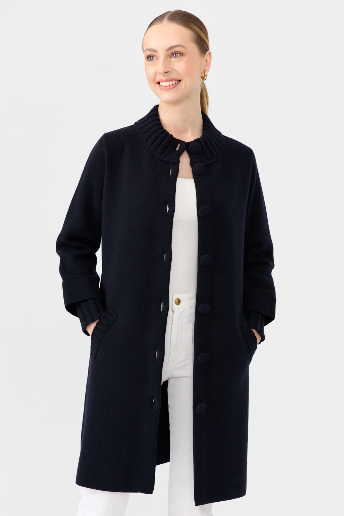 24045Kadın Dik Yaka Basic Uzun Yün Kaban K.Lacivert
