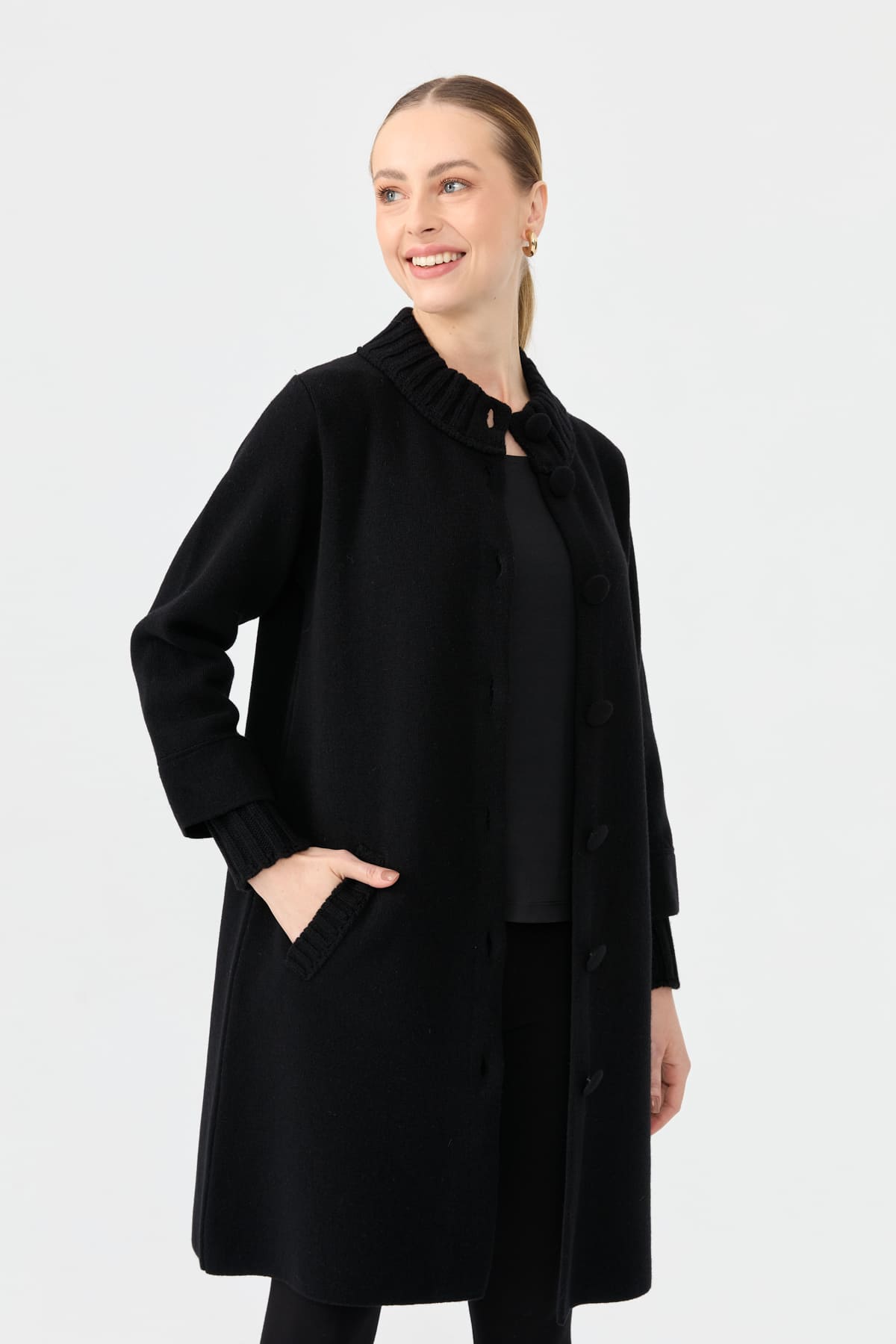 24045Kadın Dik Yaka Basic Uzun Yün Kaban Siyah