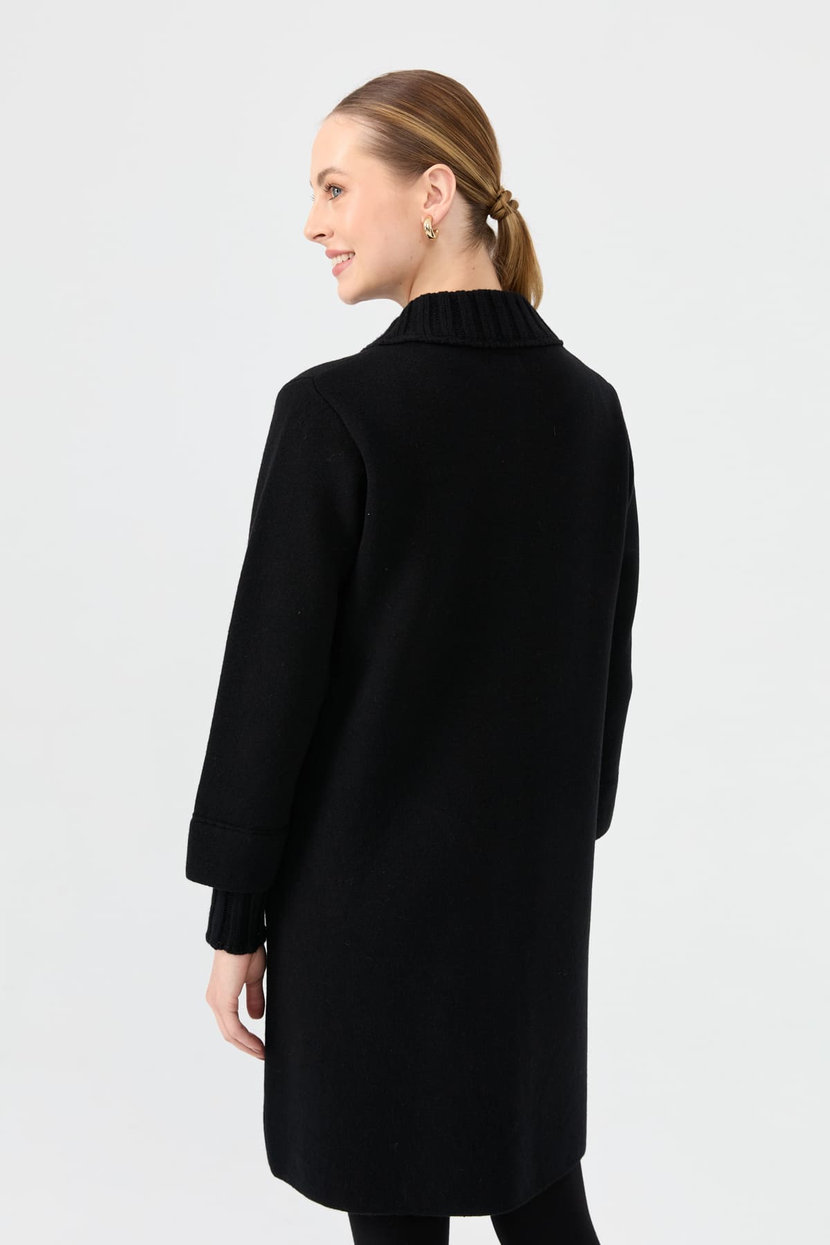 24045Kadın Dik Yaka Basic Uzun Yün Kaban Siyah