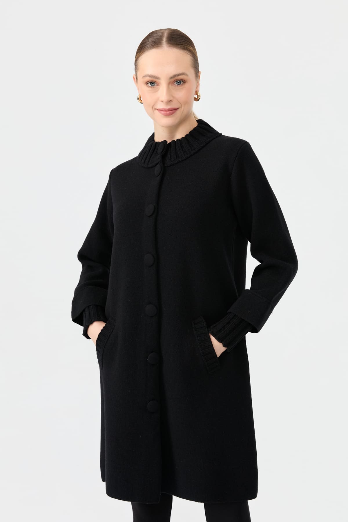 24045Kadın Dik Yaka Basic Uzun Yün Kaban Siyah
