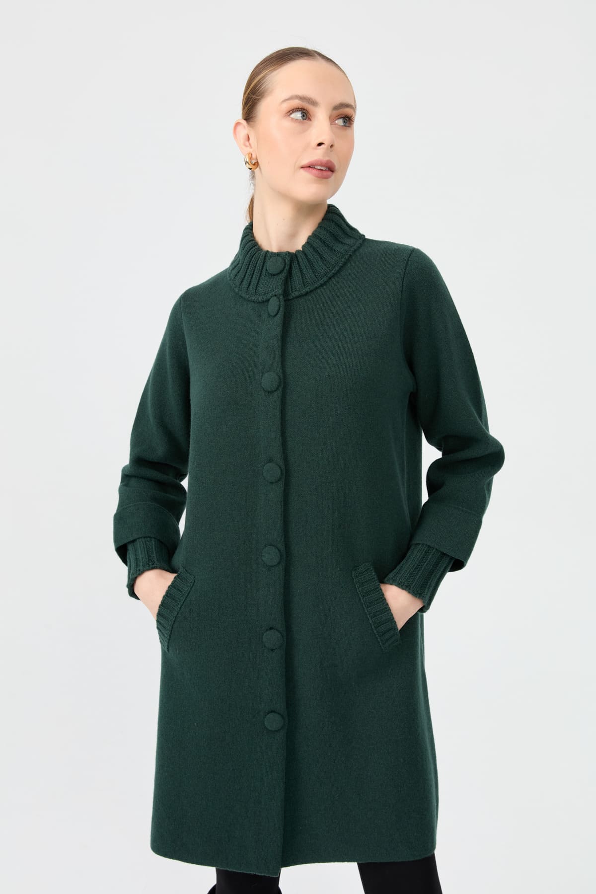 24045Kadın Dik Yaka Basic Uzun Yün Kaban Yeşil