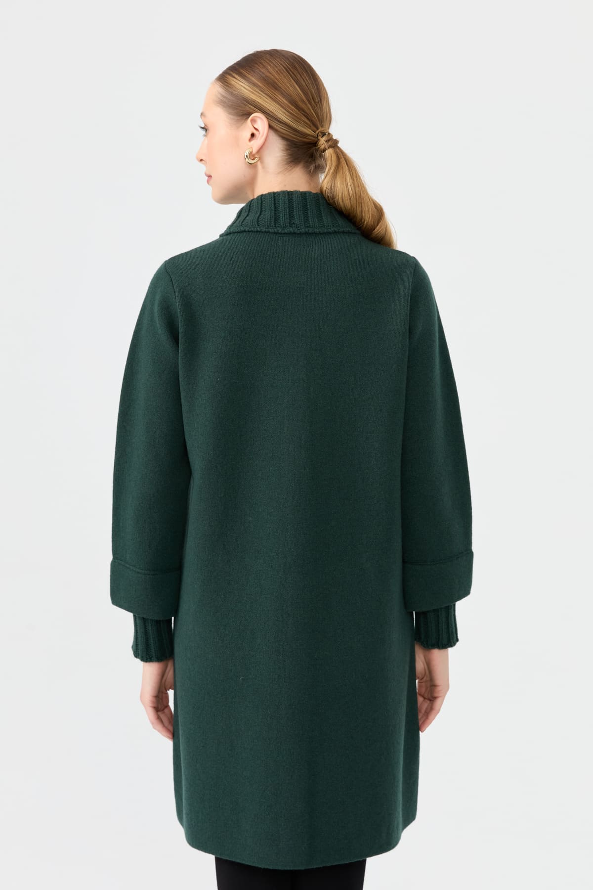 24045Kadın Dik Yaka Basic Uzun Yün Kaban Yeşil
