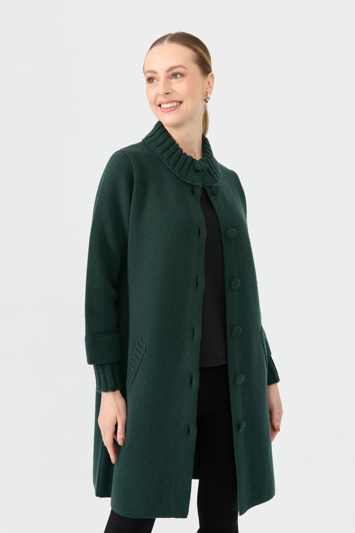 24045Kadın Dik Yaka Basic Uzun Yün Kaban Yeşil