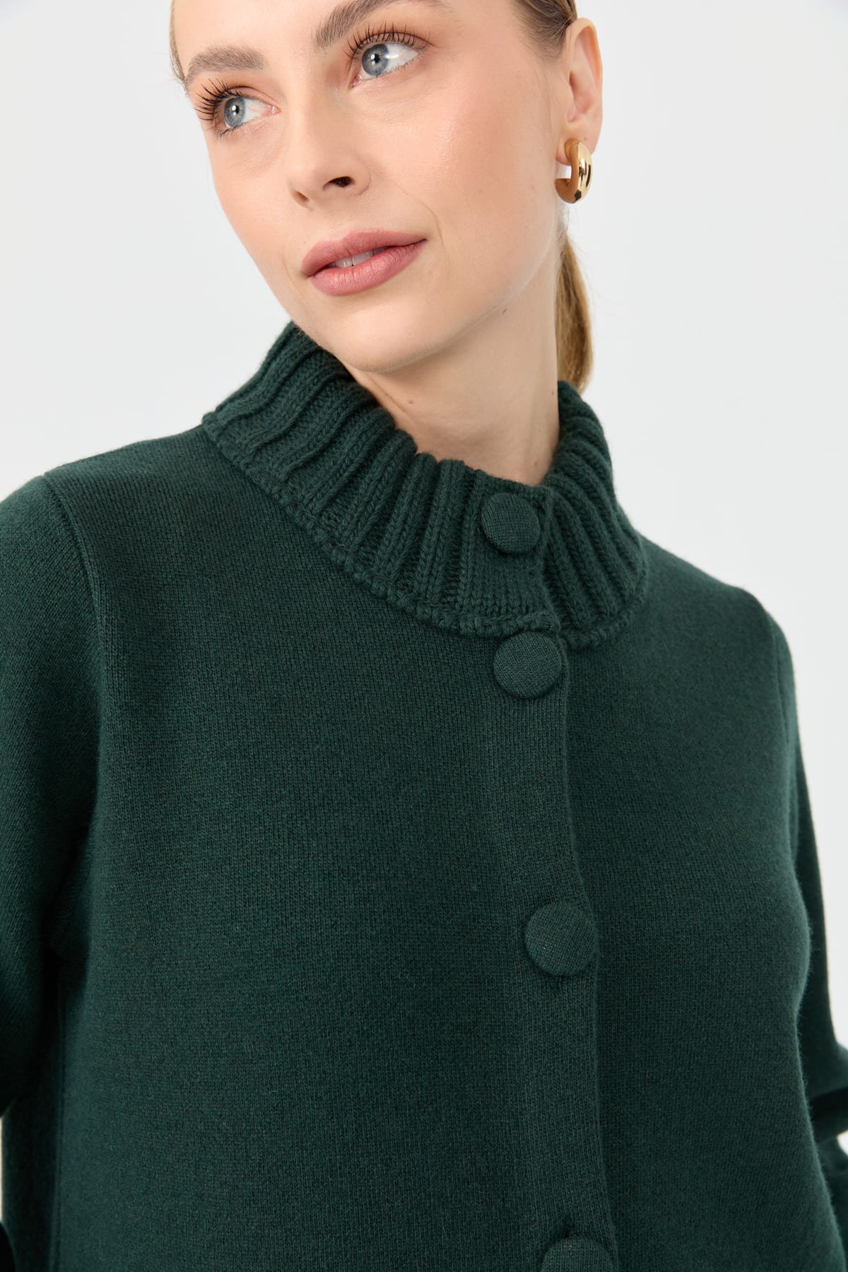 24045Kadın Dik Yaka Basic Uzun Yün Kaban Yeşil