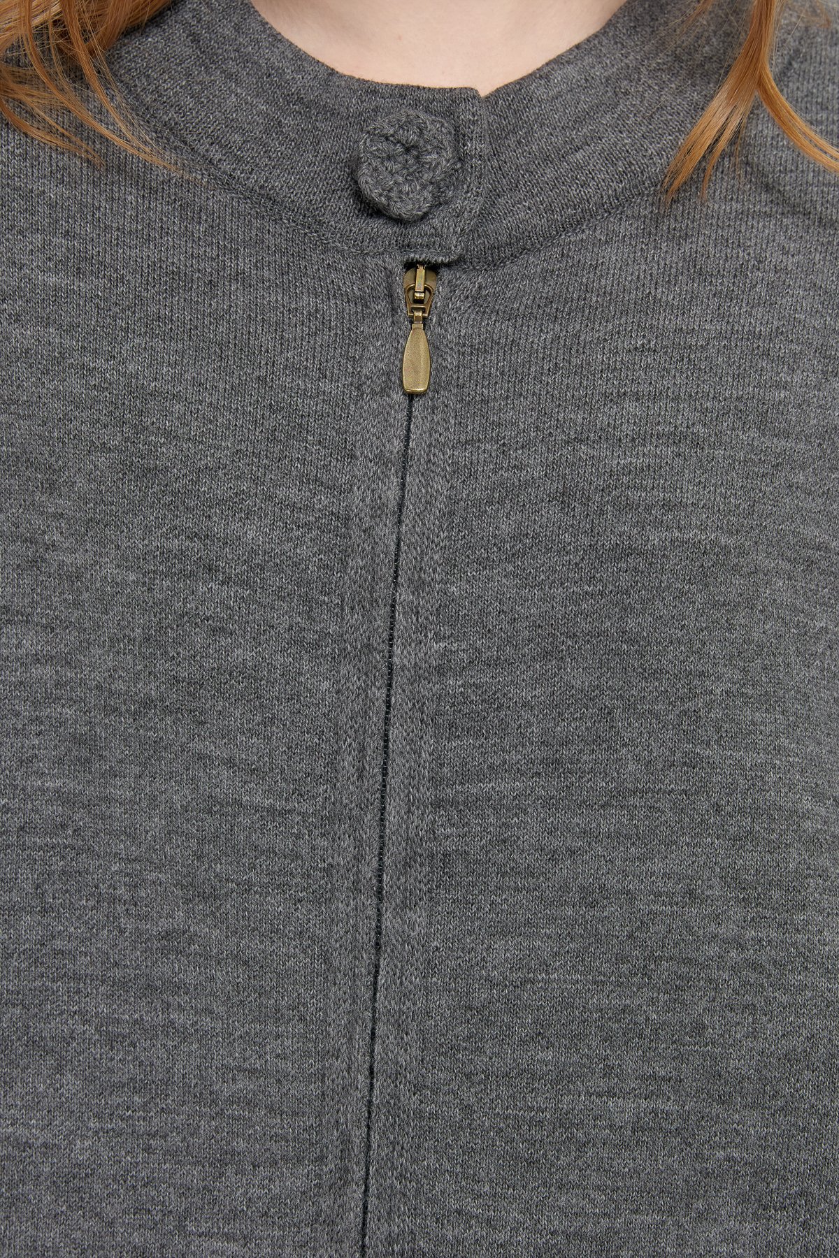 24059Kadın Dik Yaka Cebi Gül İşlemeli Fermuarlı Kısa Panço Gri Melanj