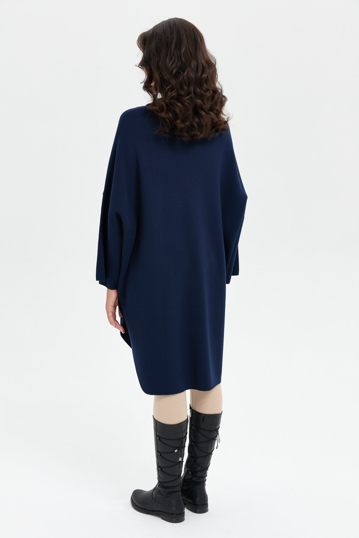 24060Kadın Dik Yaka Cebi Gül İşlemeli Fermuarlı Panço Lacivert