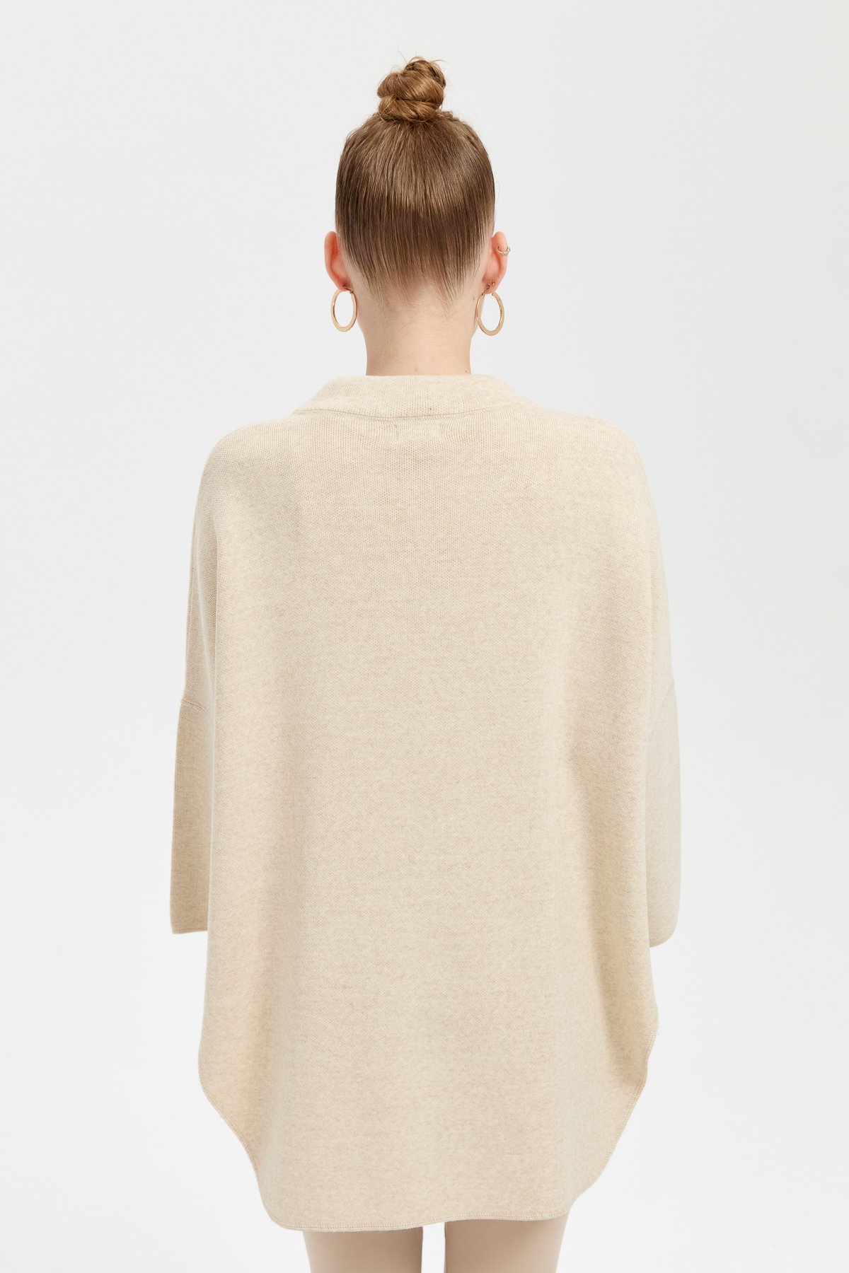 24059Kadın Dik Yaka Cebi Gül İşlemeli Fermuarlı Kısa Panço T.Melanj