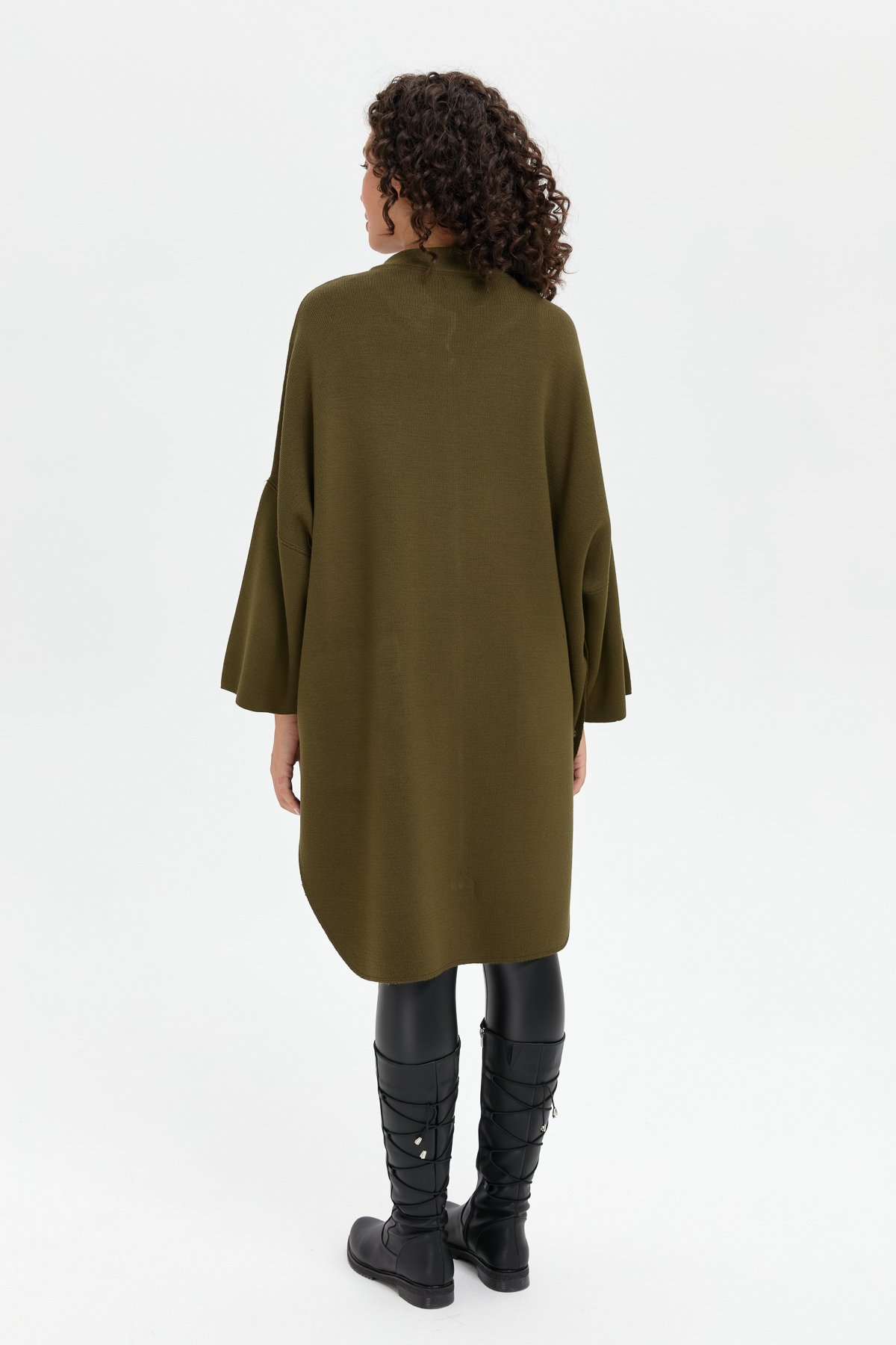 24060Kadın Dik Yaka Cebi Gül İşlemeli Fermuarlı Panço Haki