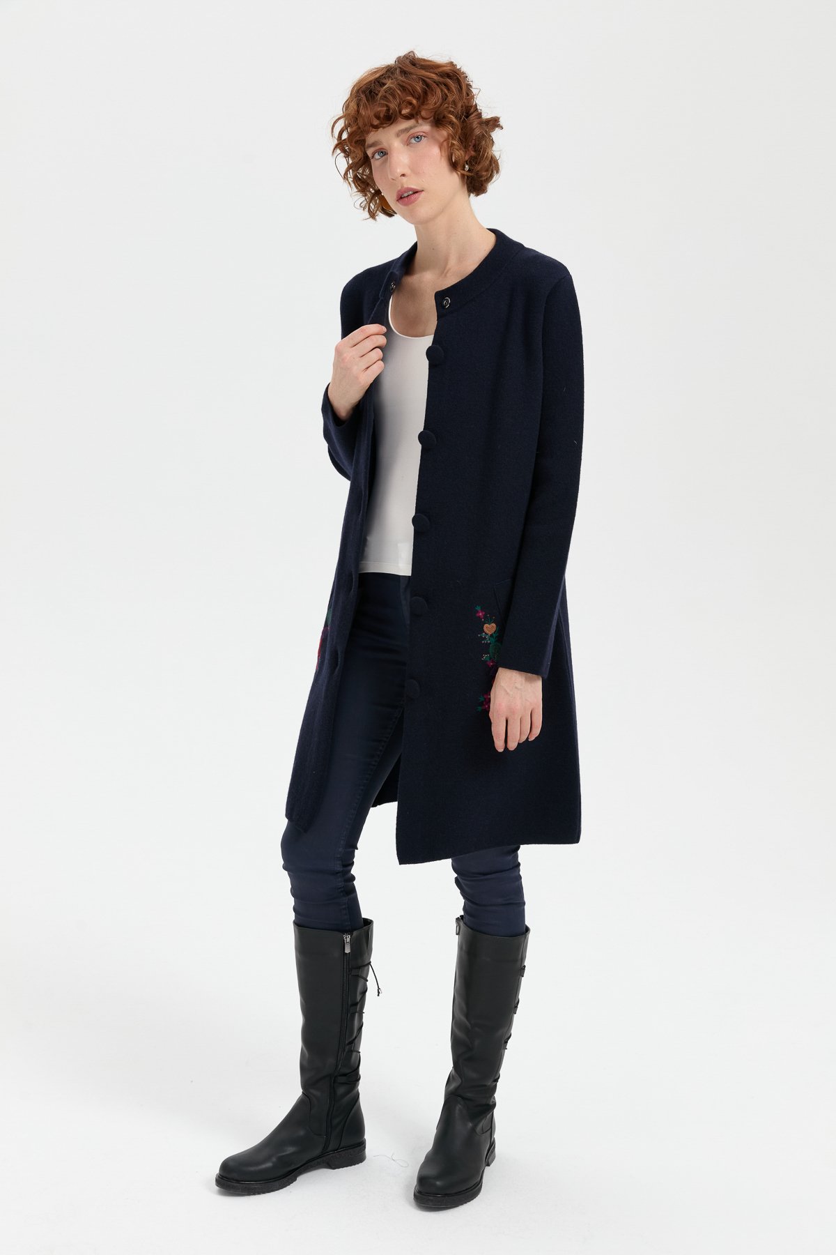 24012Kadın Dik Yaka Cebi İşlemeli Uzun Yün Kaban K.Lacivert