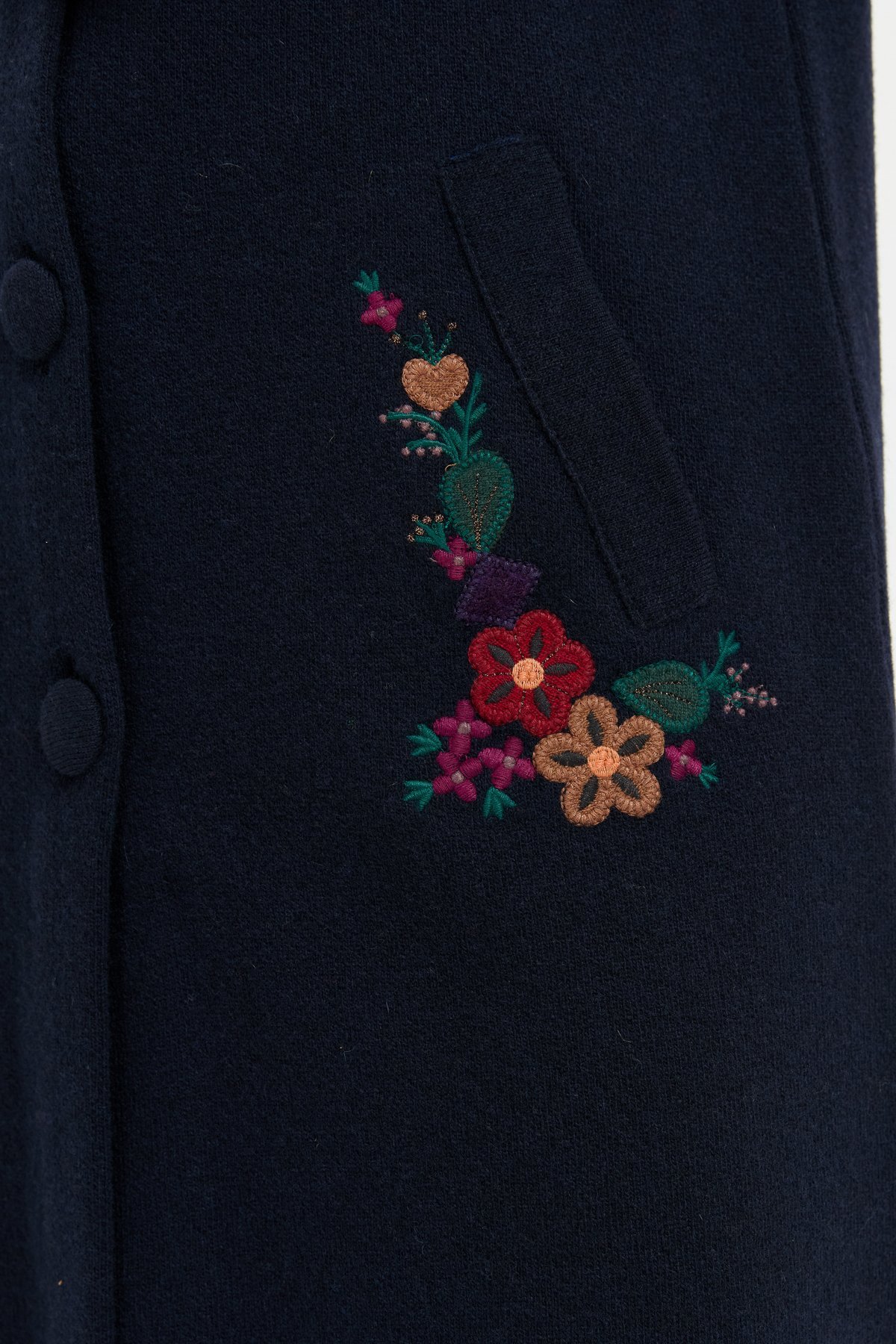 24012Kadın Dik Yaka Cebi İşlemeli Uzun Yün Kaban K.Lacivert