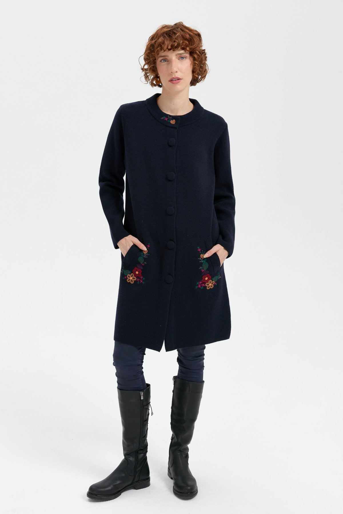24012Kadın Dik Yaka Cebi İşlemeli Uzun Yün Kaban K.Lacivert