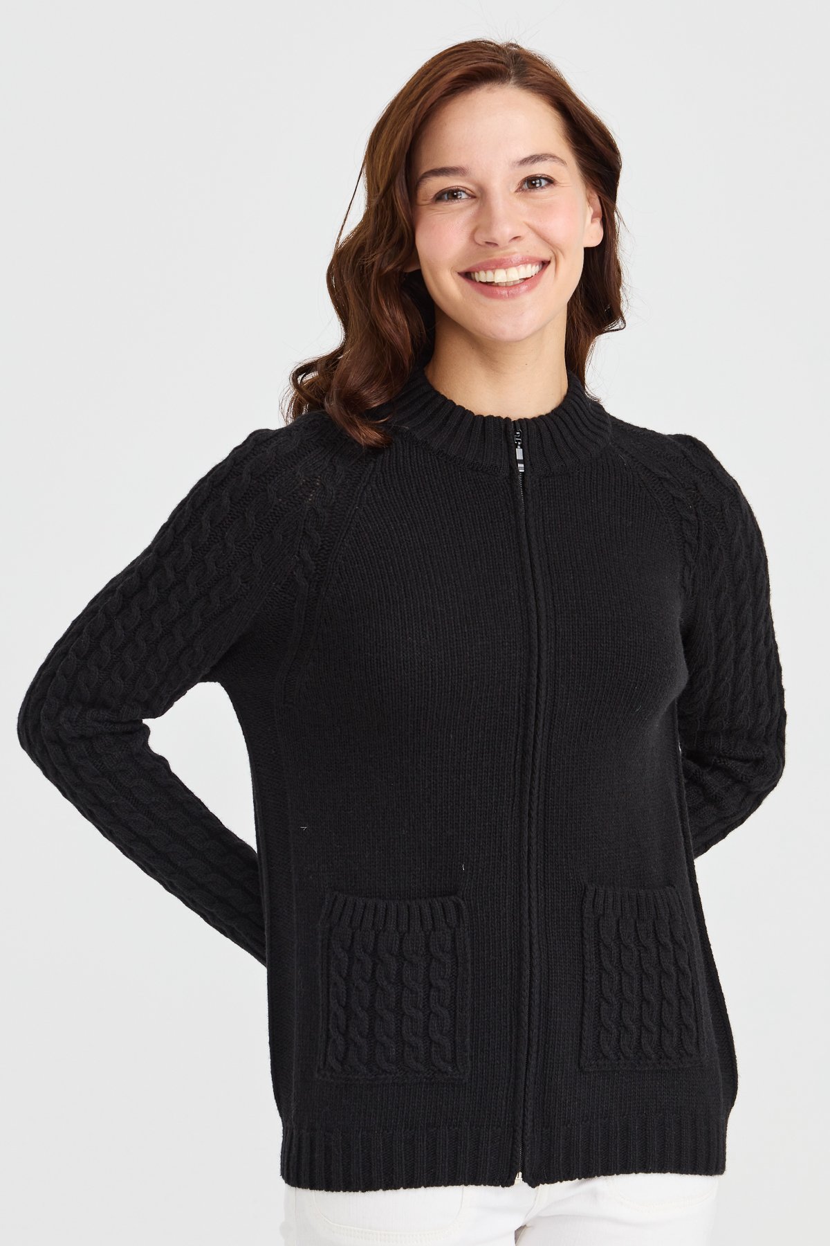 23203Kadın Dik Yaka Cebi ve Kolu Saç Örgü Yün Ceket Siyah