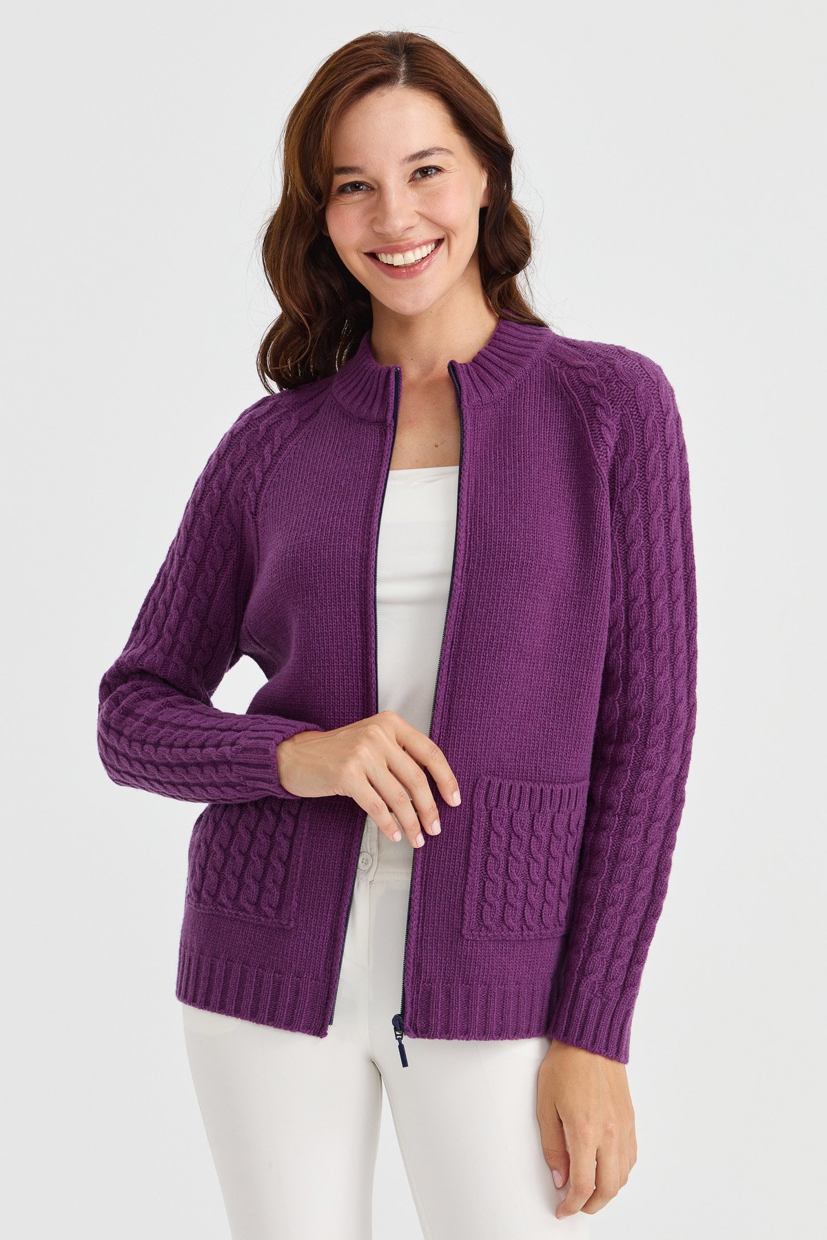 23203Kadın Dik Yaka Cebi ve Kolu Saç Örgü Yün Ceket A.Mor