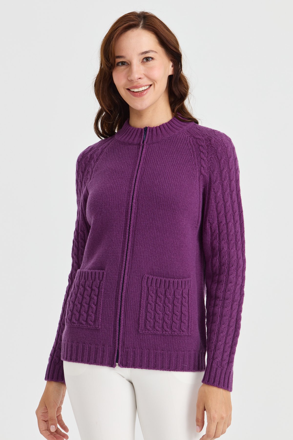 23203Kadın Dik Yaka Cebi ve Kolu Saç Örgü Yün Ceket A.Mor