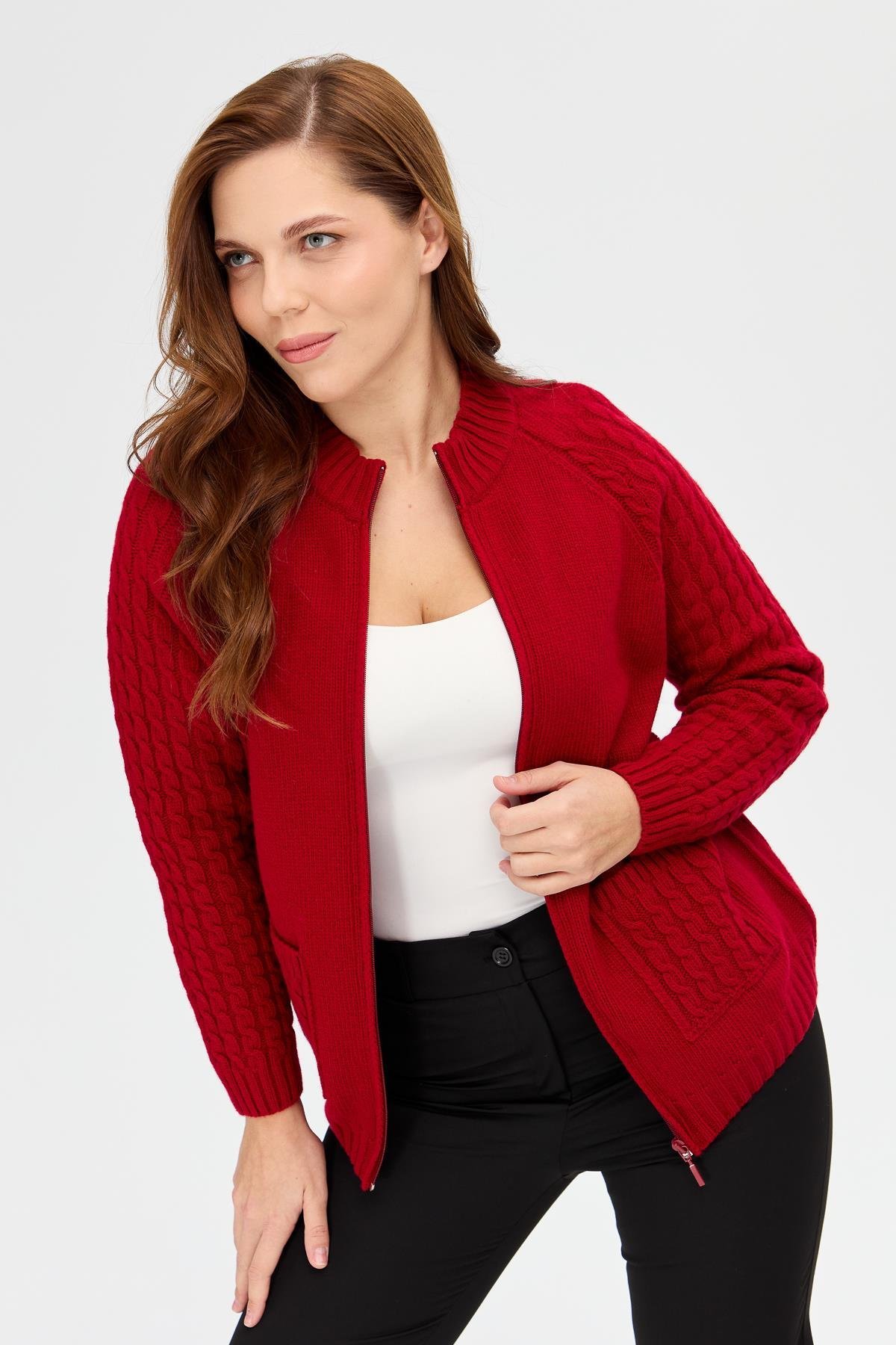 23203Женская вязаная шерстяная куртка с воротником-стойкой, карманом и рукавами для волос