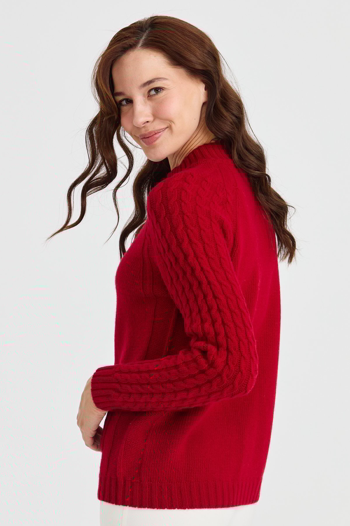 23203Kadın Dik Yaka Cebi ve Kolu Saç Örgü Yün Ceket K.Kırmızı