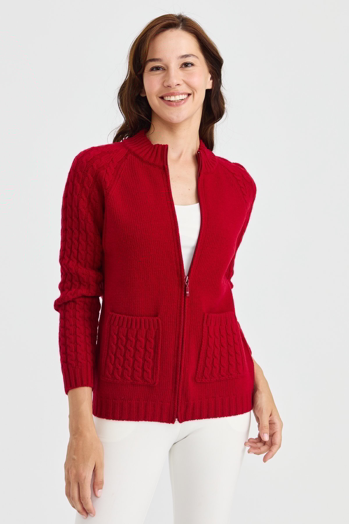 23203Kadın Dik Yaka Cebi ve Kolu Saç Örgü Yün Ceket K.Kırmızı