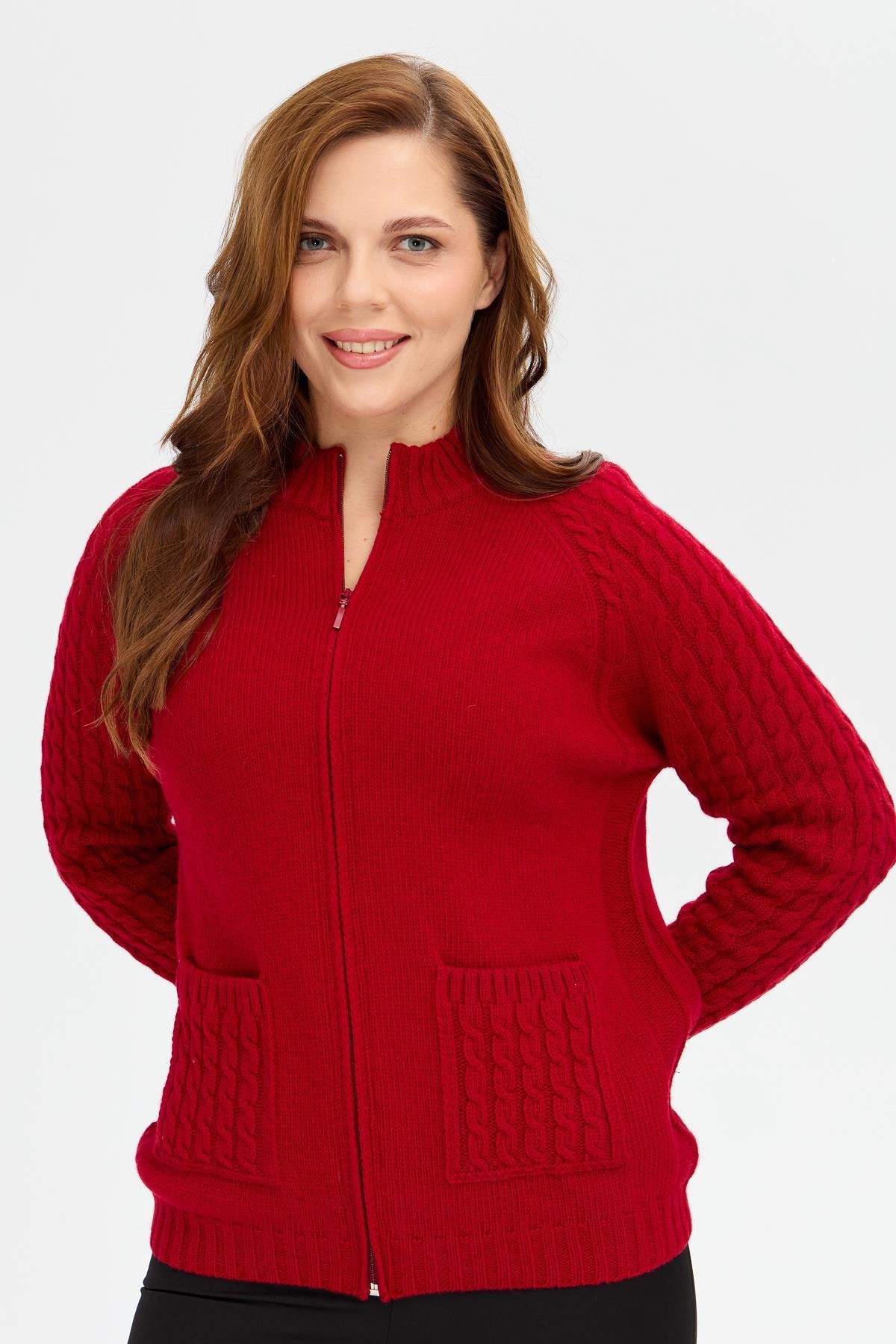 23203Женская вязаная шерстяная куртка с воротником-стойкой, карманом и рукавами для волос