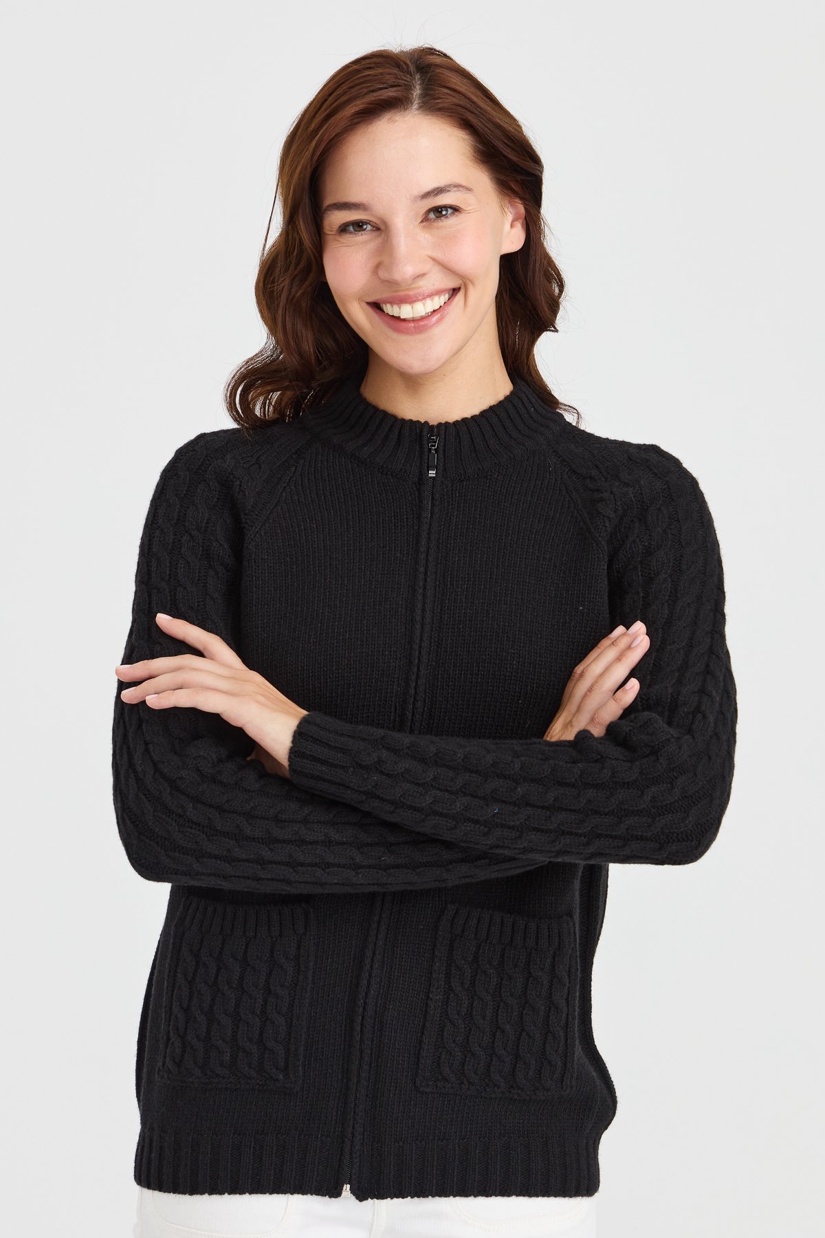 23203Kadın Dik Yaka Cebi ve Kolu Saç Örgü Yün Ceket Siyah