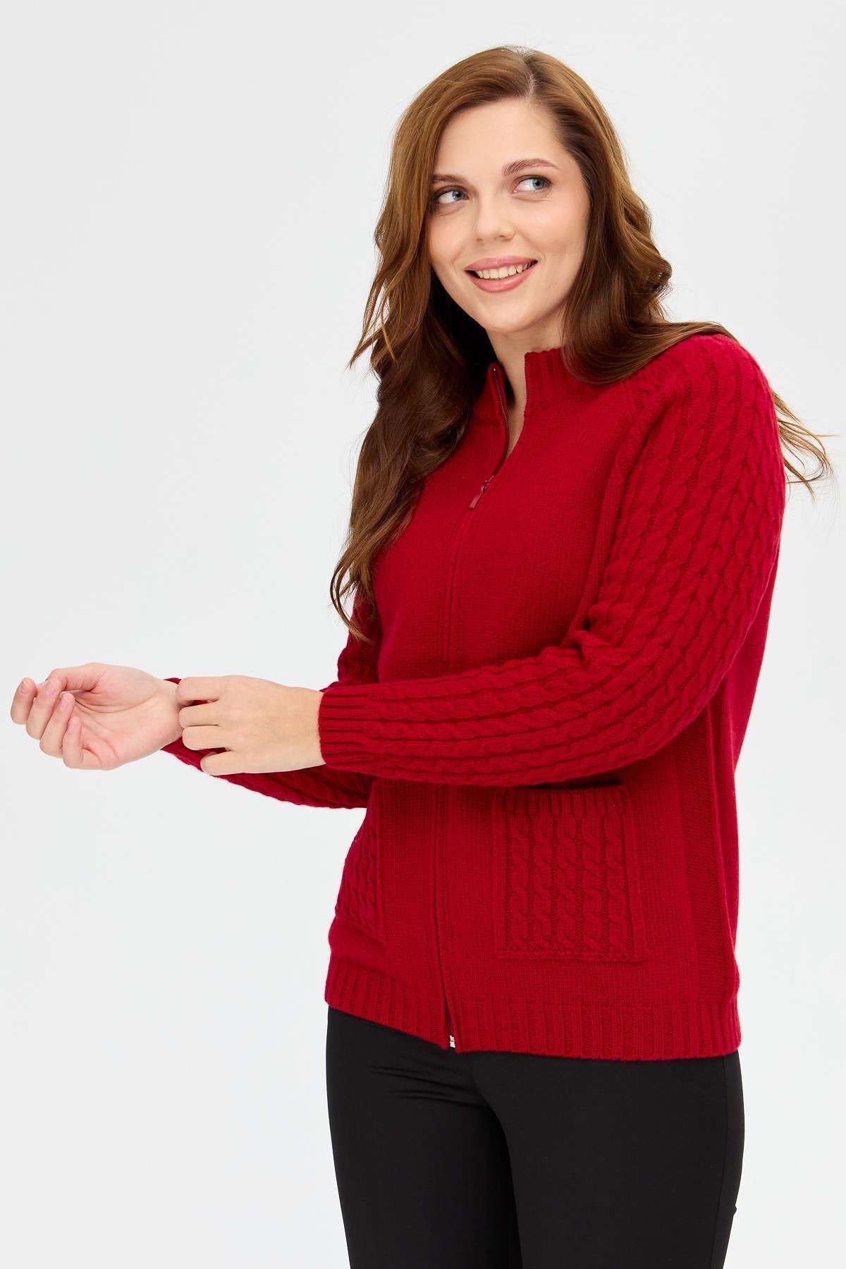 23203Женская вязаная шерстяная куртка с воротником-стойкой, карманом и рукавами для волос