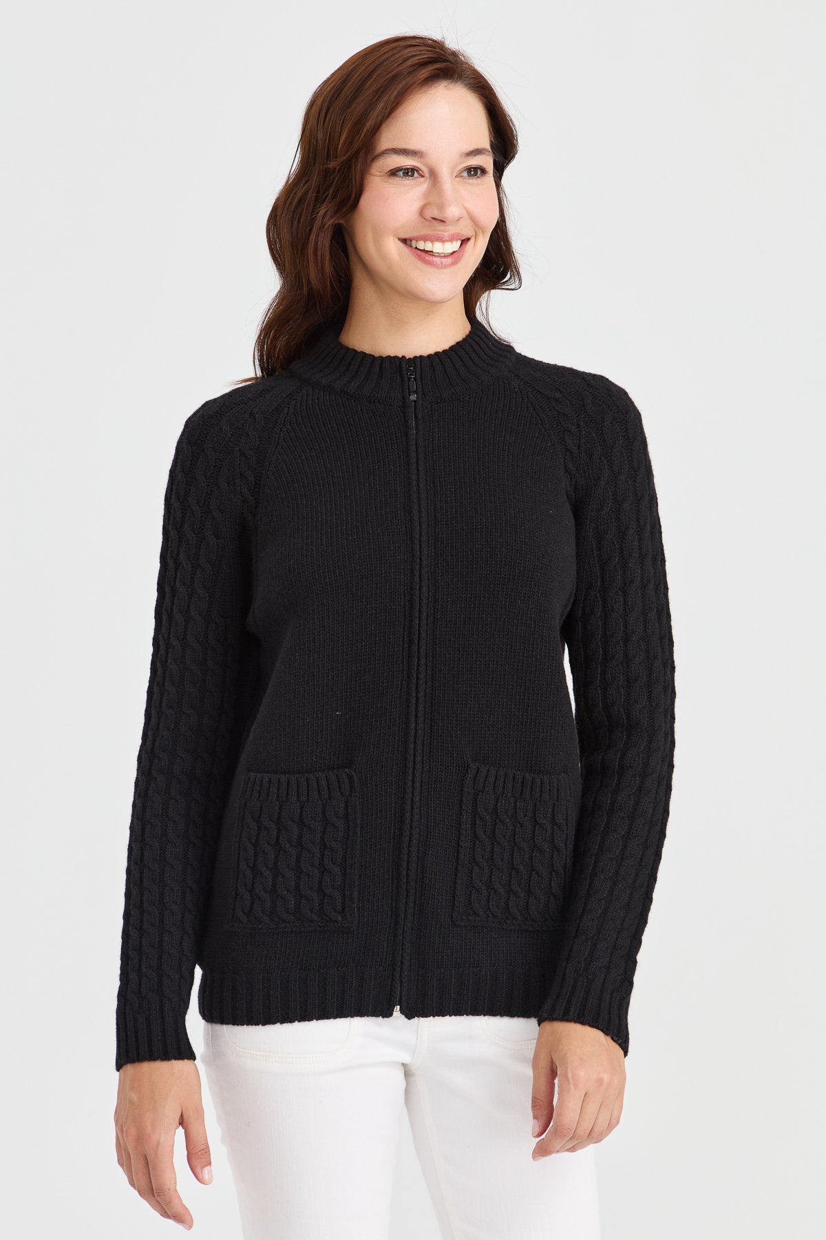 23203Kadın Dik Yaka Cebi ve Kolu Saç Örgü Yün Ceket Siyah