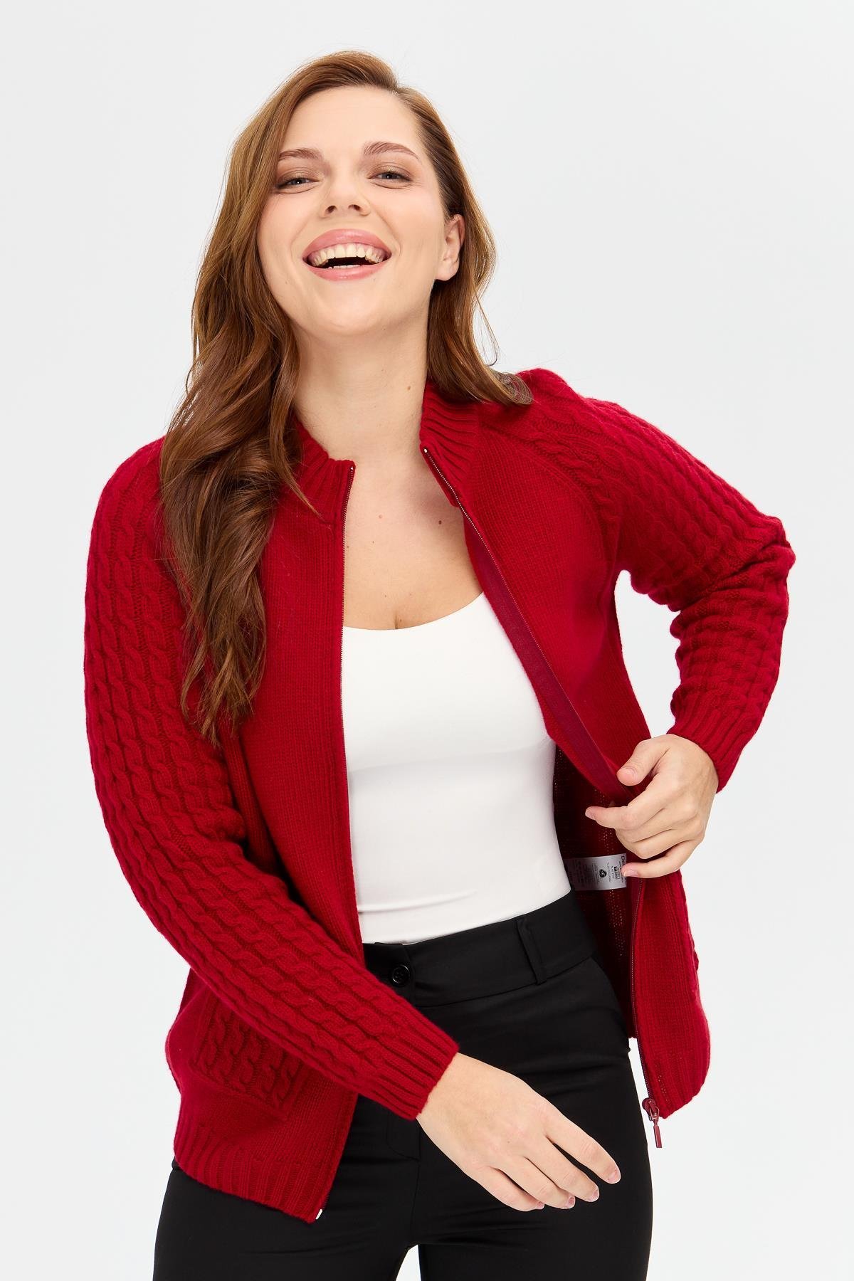 23203Женская вязаная шерстяная куртка с воротником-стойкой, карманом и рукавами для волос