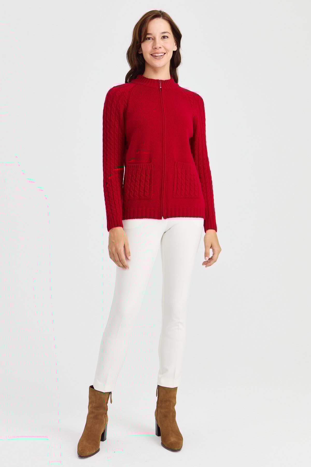 23203Kadın Dik Yaka Cebi ve Kolu Saç Örgü Yün Ceket K.Kırmızı