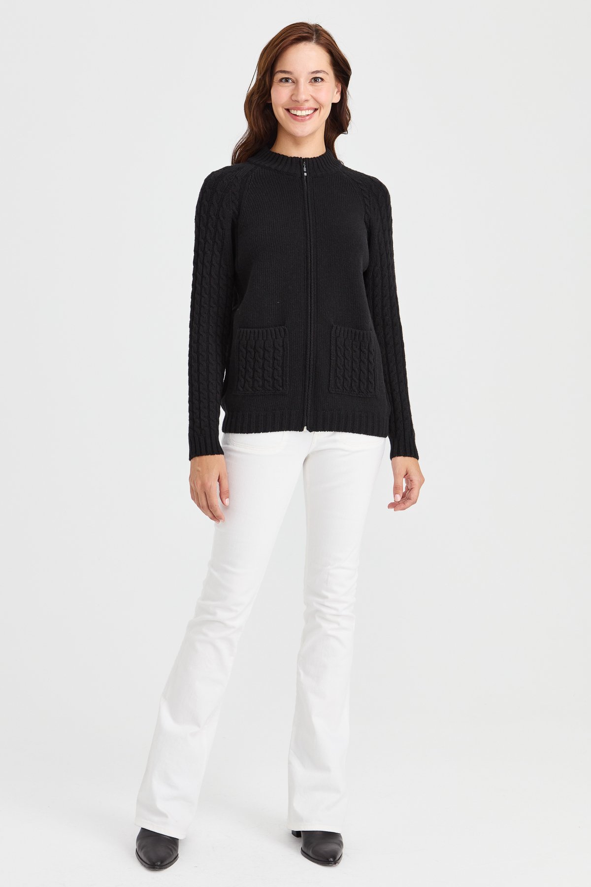 23203Kadın Dik Yaka Cebi ve Kolu Saç Örgü Yün Ceket Siyah