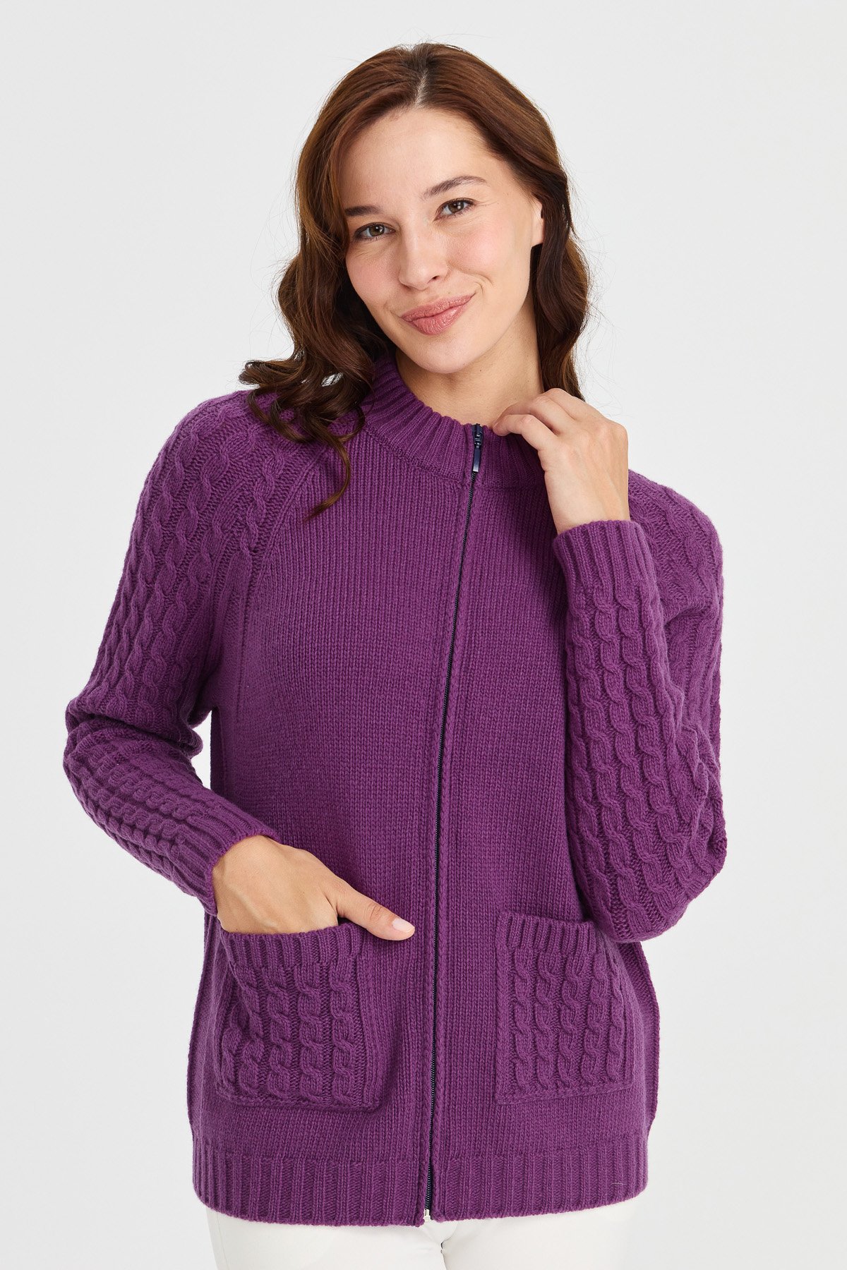 23203Kadın Dik Yaka Cebi ve Kolu Saç Örgü Yün Ceket A.Mor