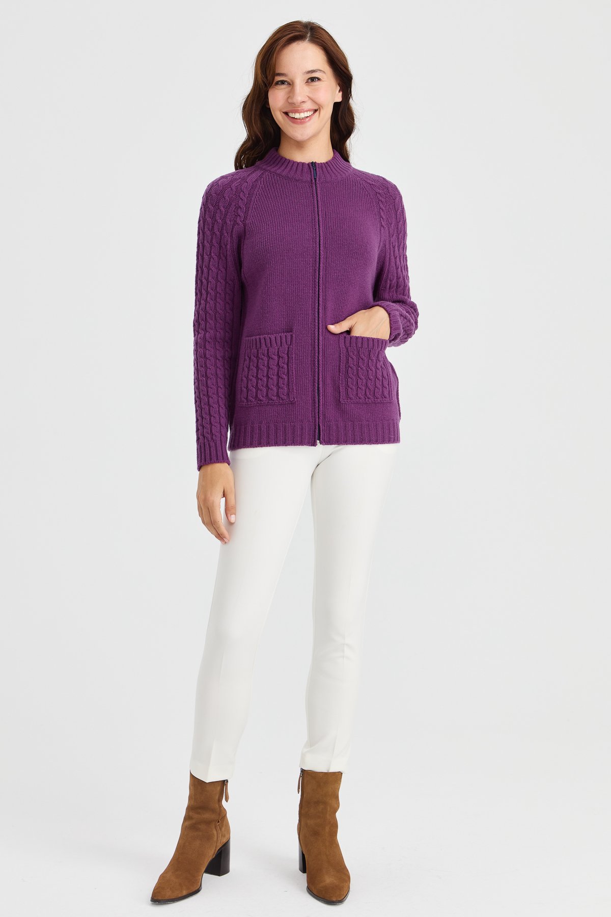 23203Kadın Dik Yaka Cebi ve Kolu Saç Örgü Yün Ceket A.Mor