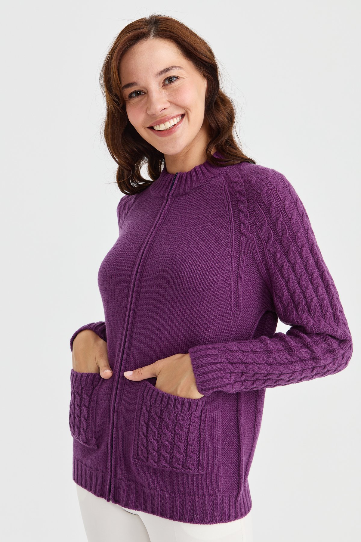 23203Kadın Dik Yaka Cebi ve Kolu Saç Örgü Yün Ceket A.Mor