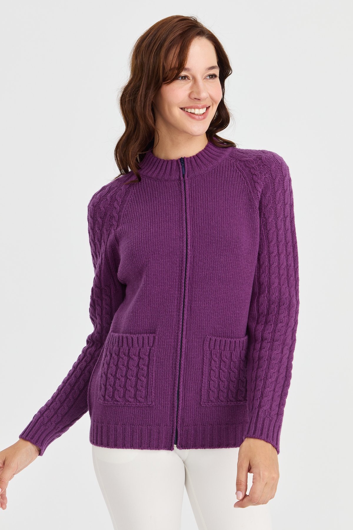 23203Kadın Dik Yaka Cebi ve Kolu Saç Örgü Yün Ceket A.Mor