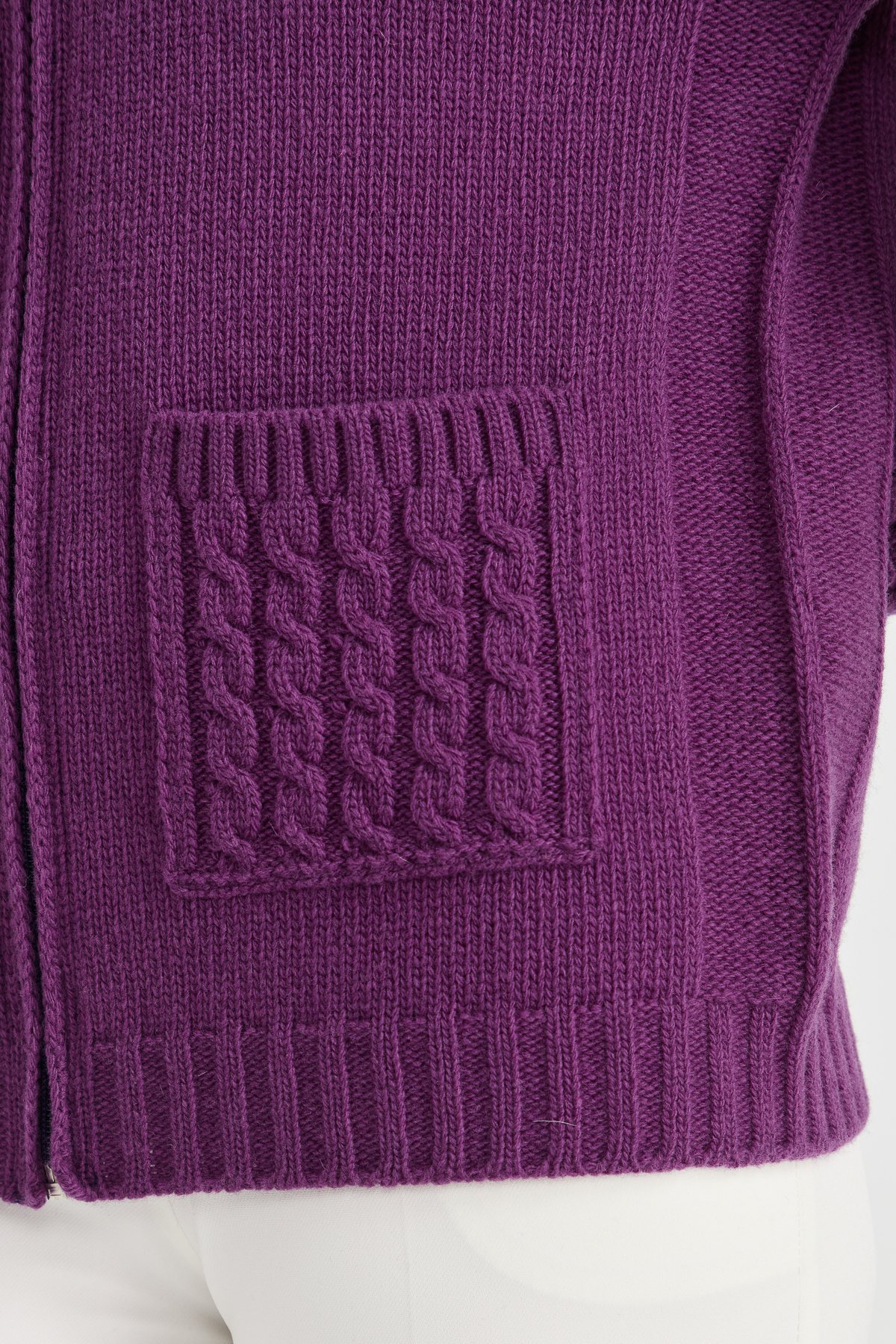 23203Kadın Dik Yaka Cebi ve Kolu Saç Örgü Yün Ceket A.Mor