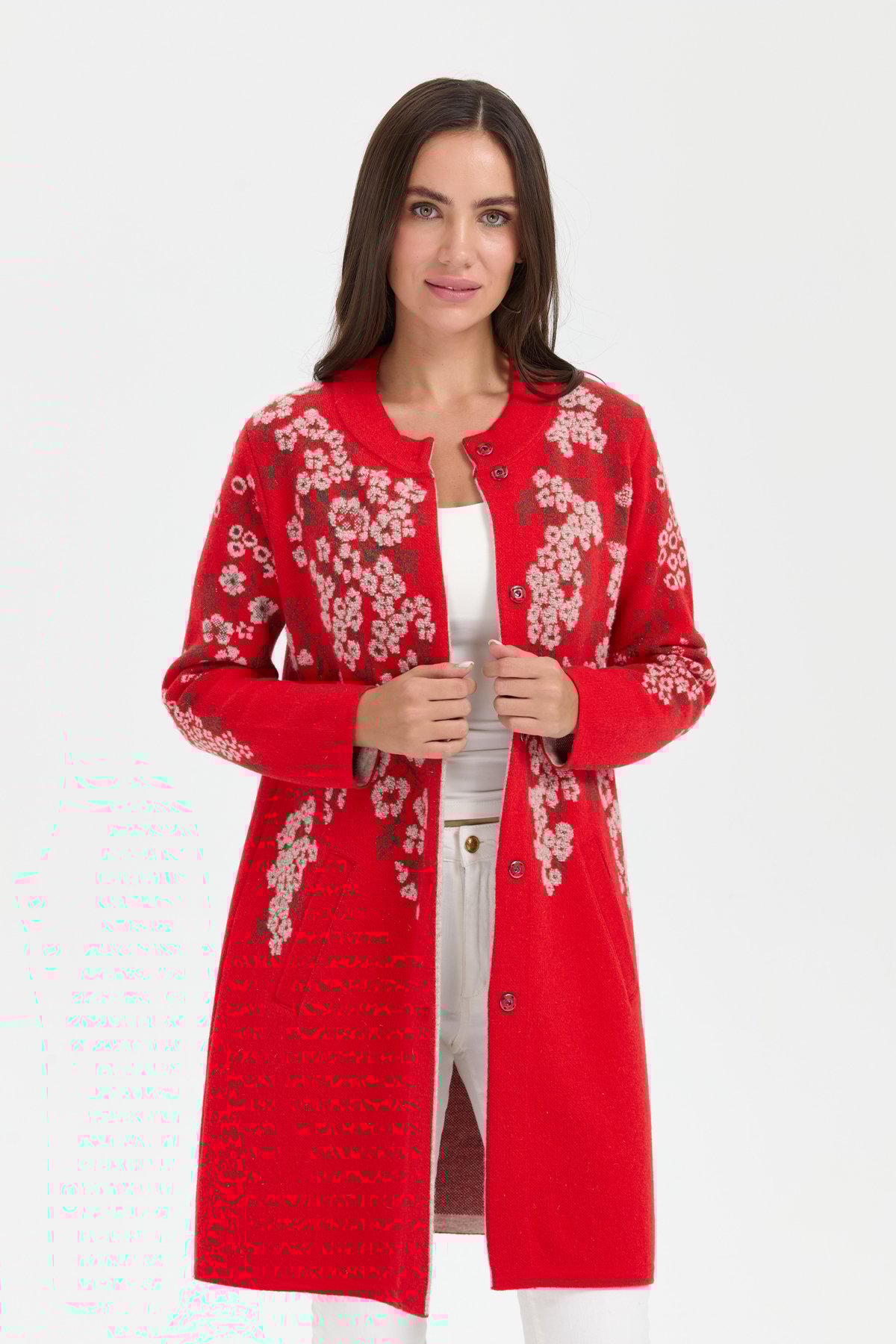 24018Kadın Dik Yaka Çiçekli Uzun Yün Kaban Mercan