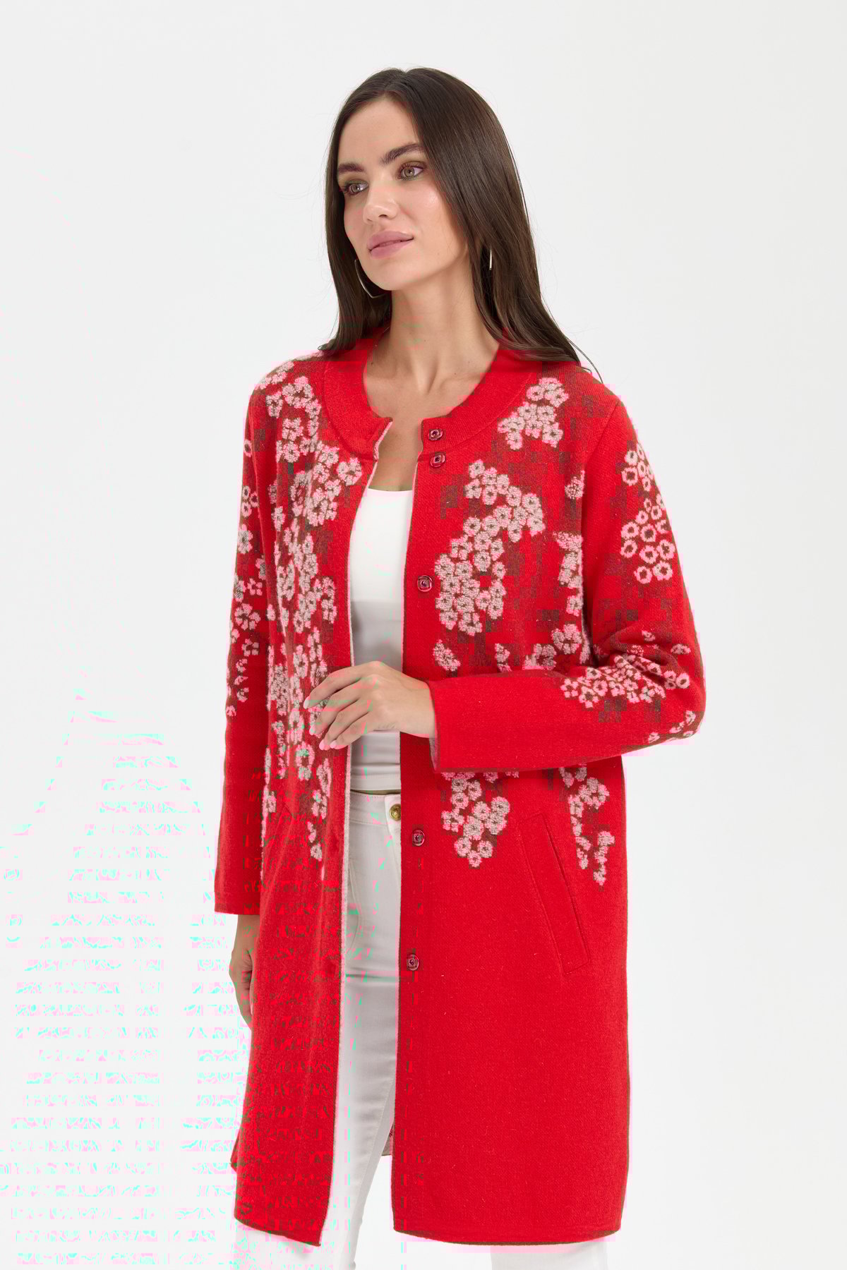 24018Kadın Dik Yaka Çiçekli Uzun Yün Kaban Mercan