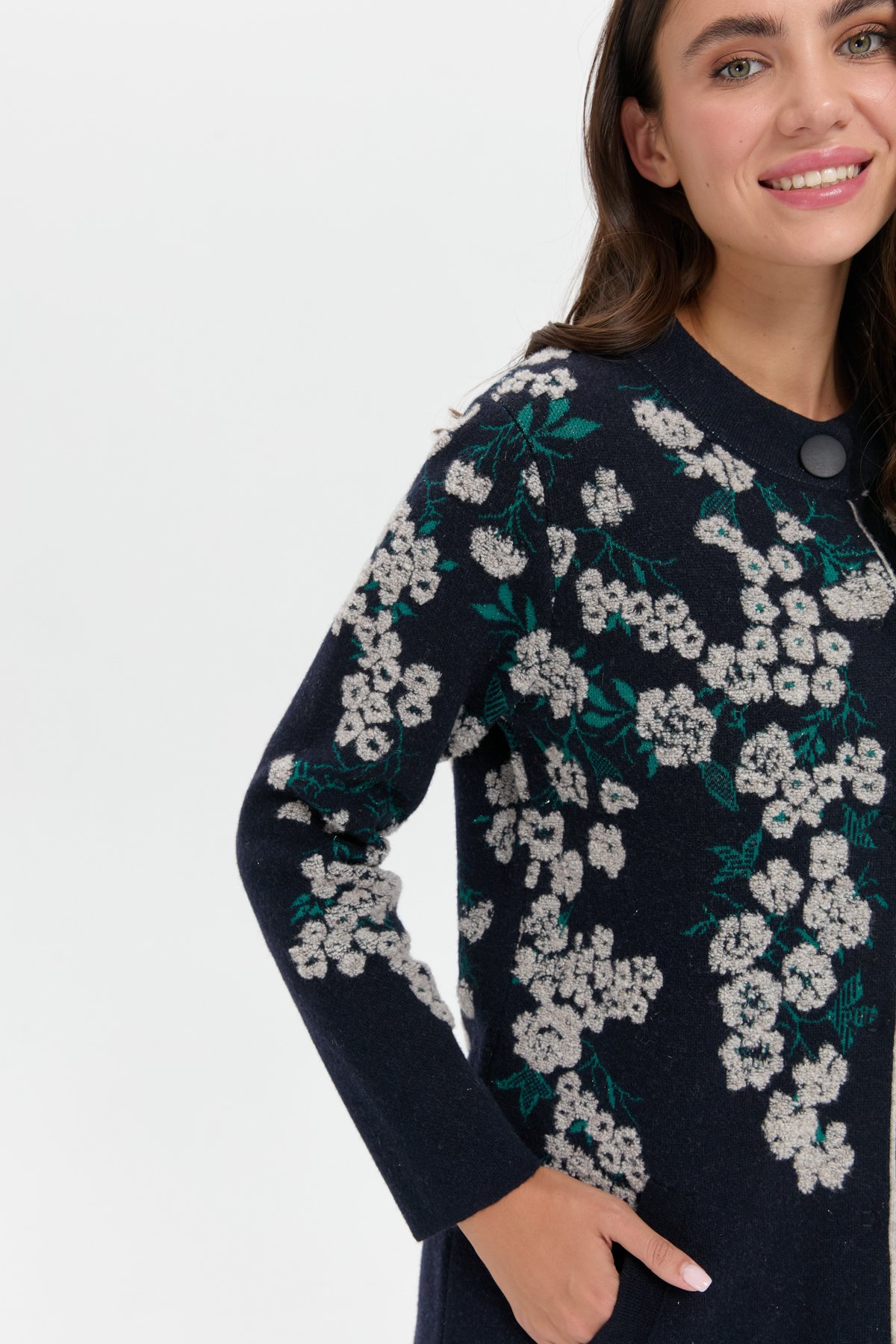 24018Kadın Dik Yaka Çiçekli Uzun Yün Kaban K.Lacivert