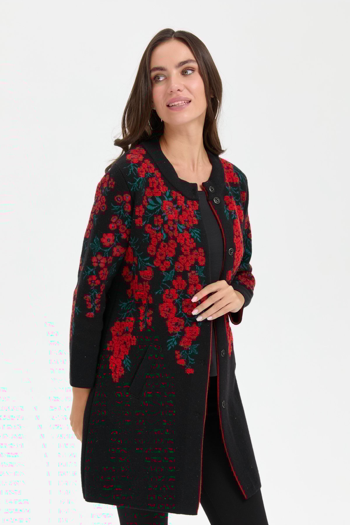 24018Kadın Dik Yaka Çiçekli Uzun Yün Kaban Siyah